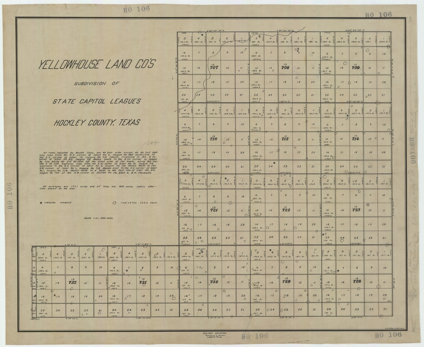 92260, Yellowhouse Land Company's Subdivision of State Capitol Leagues Hockley County, Texas, Twichell Survey Records