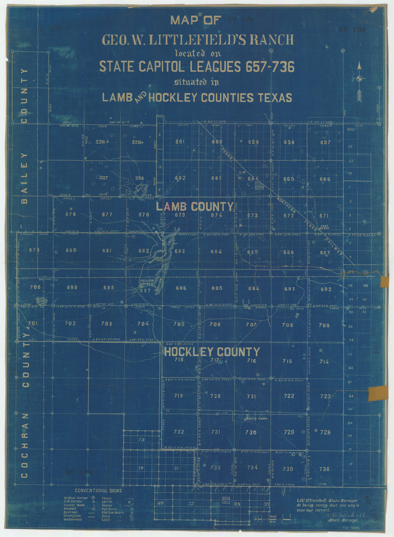 92262, Map of George W. Littlefield's Ranch Located on State Capitol Leagues 657-736 Situated in Lamb and Hockley Counties, Texas, Twichell Survey Records
