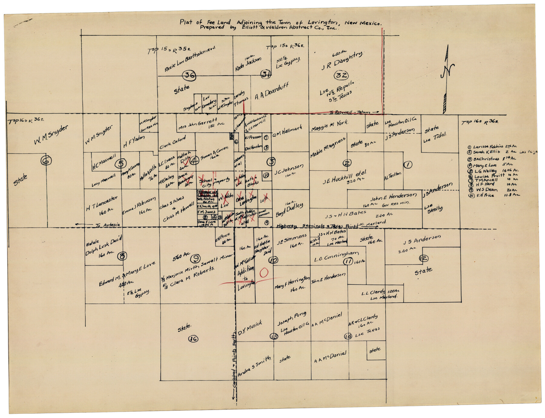 92422, Plat of Fee Land Adjoining the Town of Lovington, New Mexico, Twichell Survey Records