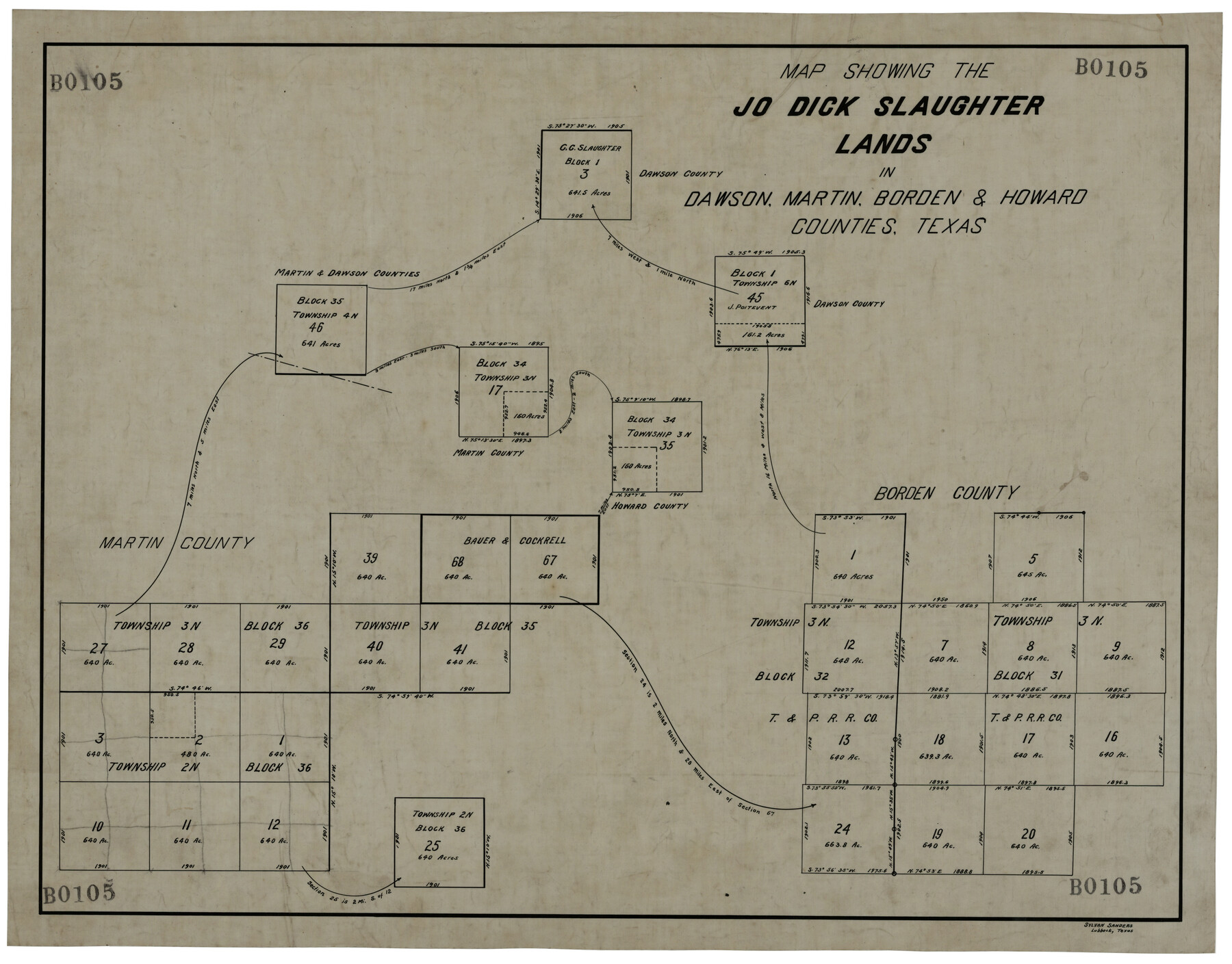 92506, Map Showing the Jo Dick Slaughter Lands in Dawson, Martin, Borden, and Howard Counties, Texas, Twichell Survey Records