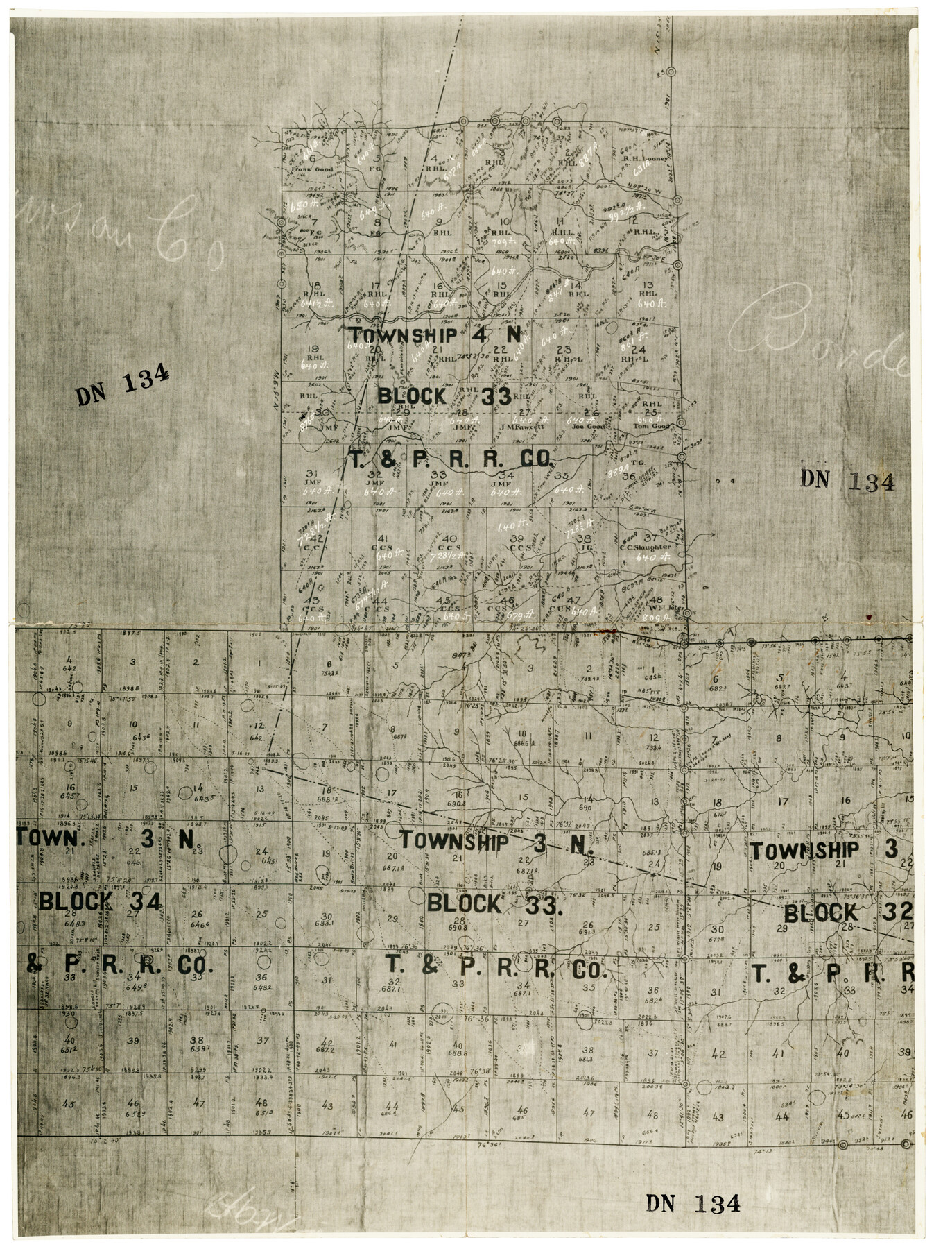 92564, [Township 3 North, Blocks 33 and 34, T. & P. RR. Company; Township 4 North, Block 33, T. & P. RR. Company], Twichell Survey Records