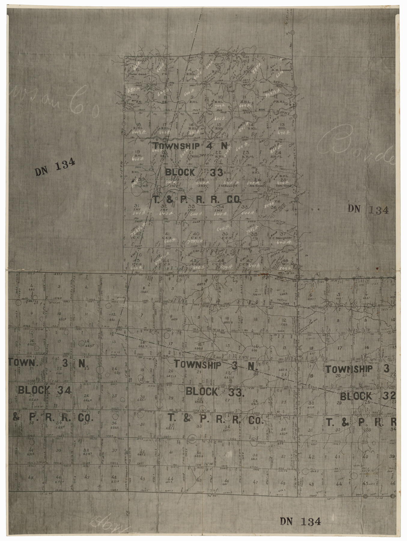 92564, [Township 3 North, Blocks 33 and 34, T. & P. RR. Company; Township 4 North, Block 33, T. & P. RR. Company], Twichell Survey Records