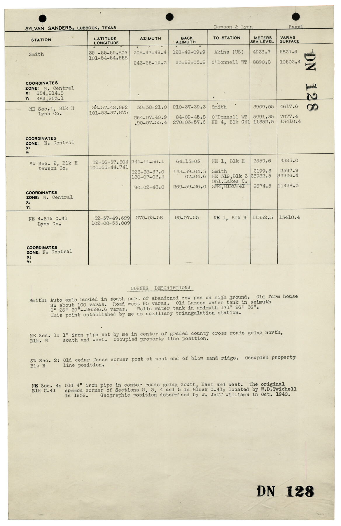 92566, [Coordinates for Block H, Sections 1 and 2 and Block C41, Section 4], Twichell Survey Records