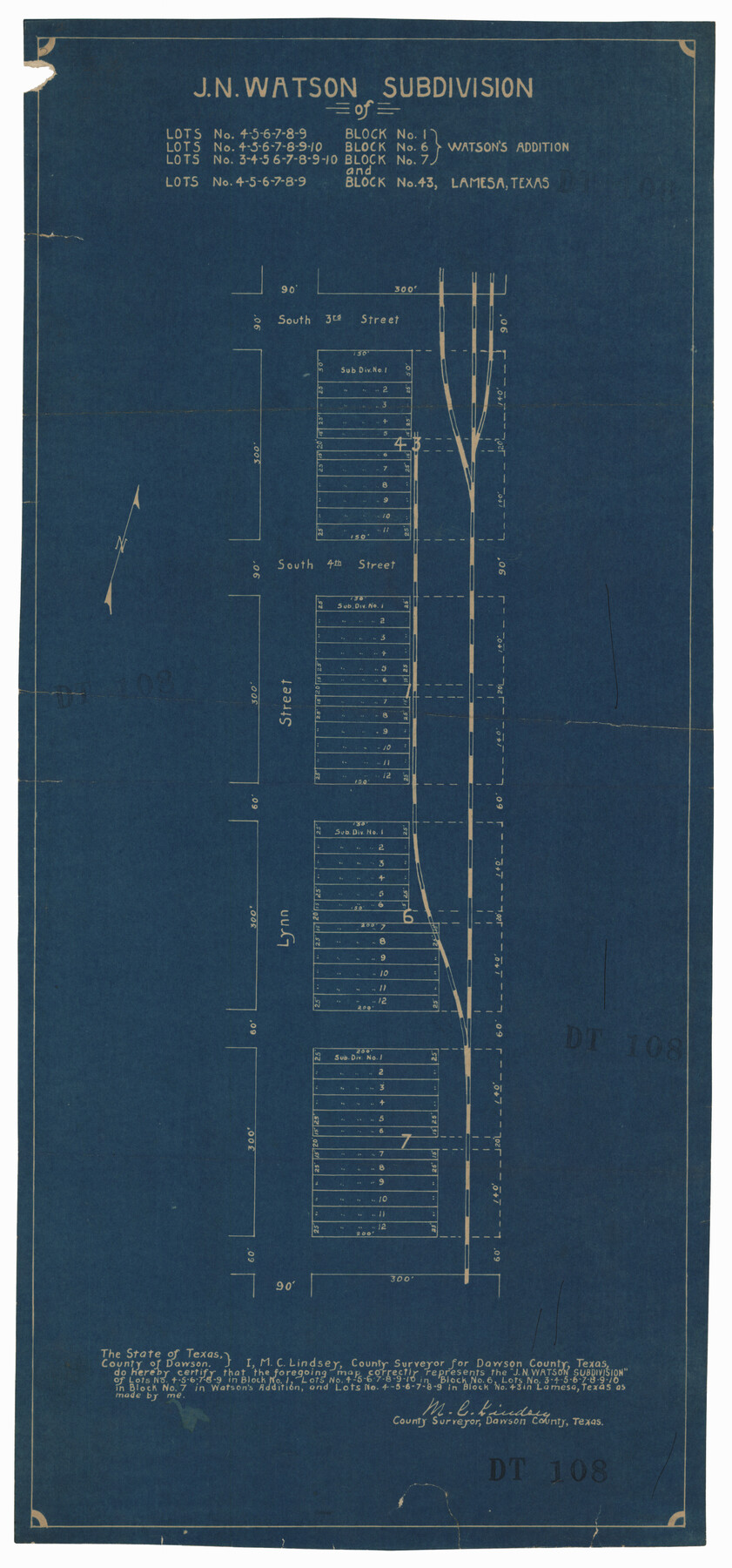 92574, J. N. Watson Subdivision of Blocks 1, 6, 7, and 43, Lamesa, Texas, Twichell Survey Records