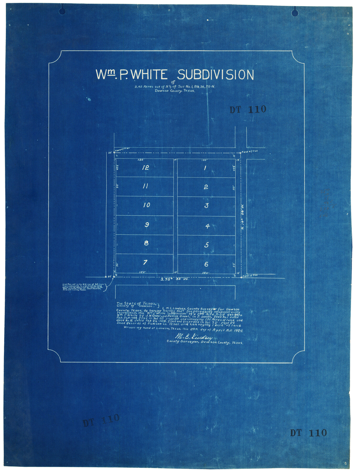 92575, William P. White Subdivision of 2.45 Acres out of North Half of Survey 1, Block 36, Township 5 North, Dawson County, Texas, Twichell Survey Records