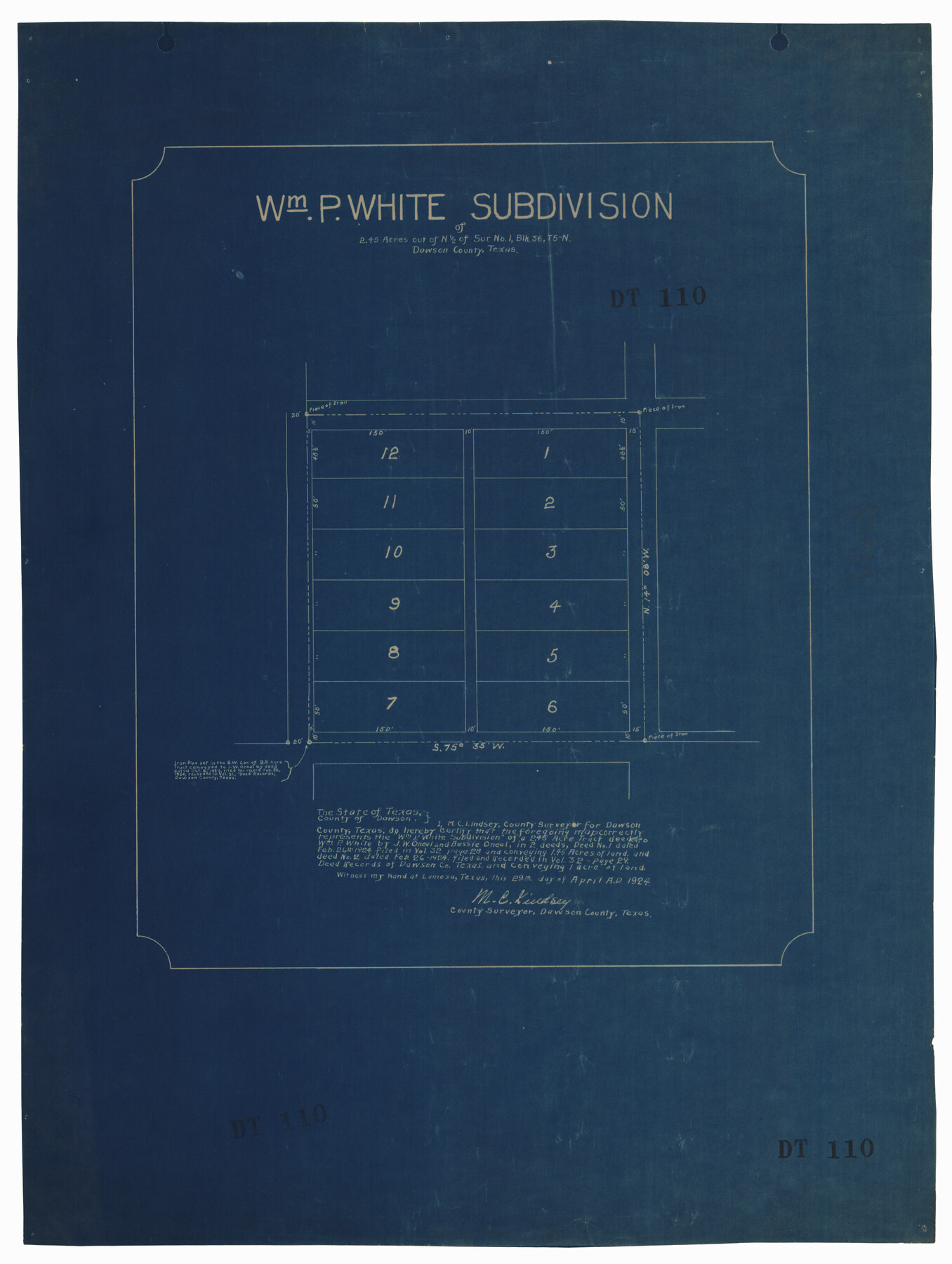 92575, William P. White Subdivision of 2.45 Acres out of North Half of Survey 1, Block 36, Township 5 North, Dawson County, Texas, Twichell Survey Records