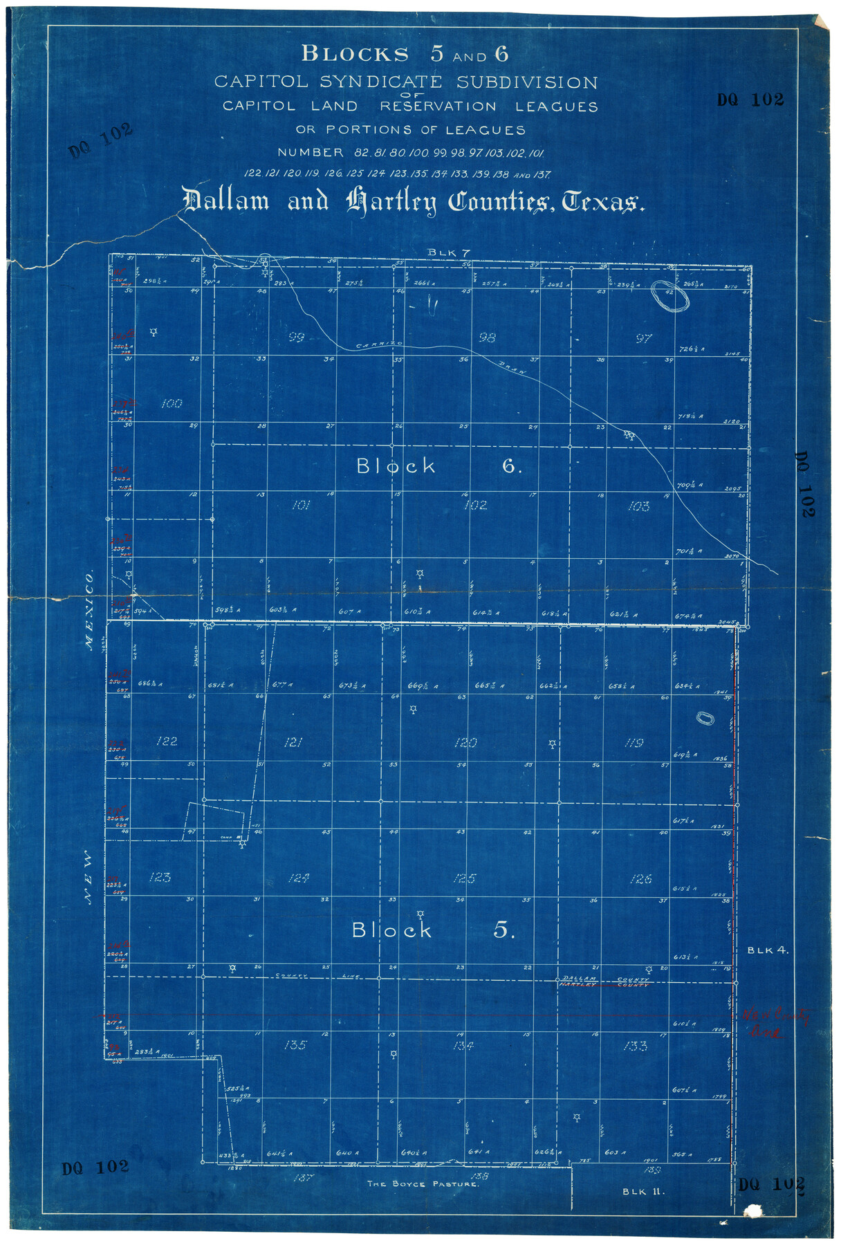 92580, Blocks 5 and 6 Capitol Syndicate Subdivision of Capitol Land Reservation Leagues or Portions of Leagues Number 82, 81, 80, 100, 99, 98, 97, 103, 102, 101, 122, 121, 120, 119, 126, 125, 124, 123, 135, 134, 133, 139, 138, and 137, Twichell Survey Records