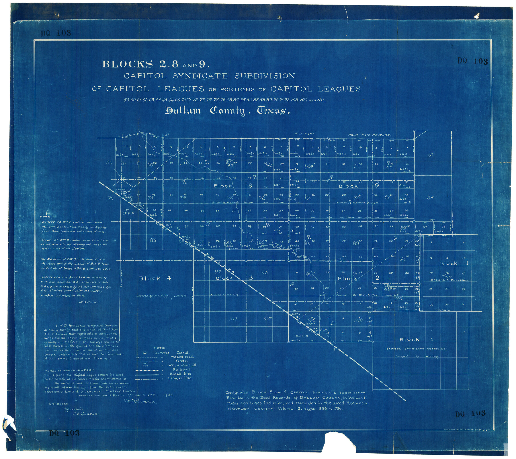 92581, Blocks 2, 8, and 9. Capitol Syndicate Subdivision of Capitol Leagues or Portions of Capitol Leagues 59, 60, 61, 62, 63, 64, 65, 66, 69, 70, 71, 72, 73, 74, 75, 76, 83, 84, 85, 86, 87, 88, 89, 90, 91, 92, 108, 109, and 110. Dallam County, Texas, Twichell Survey Records