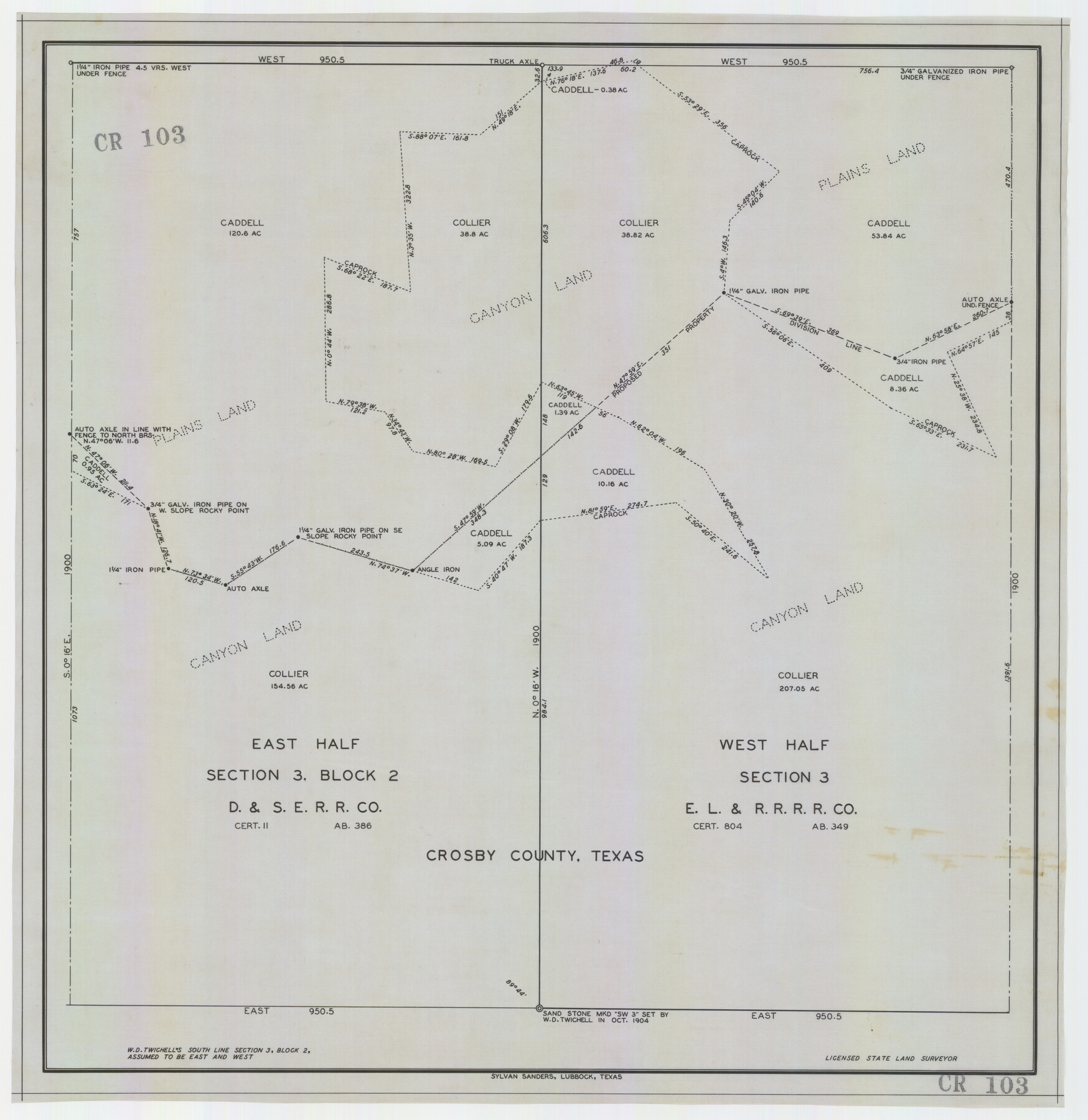 92595, East Half Section 3, Block 2, D. & S. E. RR. Company; West Half Section 3, E. L. & R. R. RR. Company, Twichell Survey Records