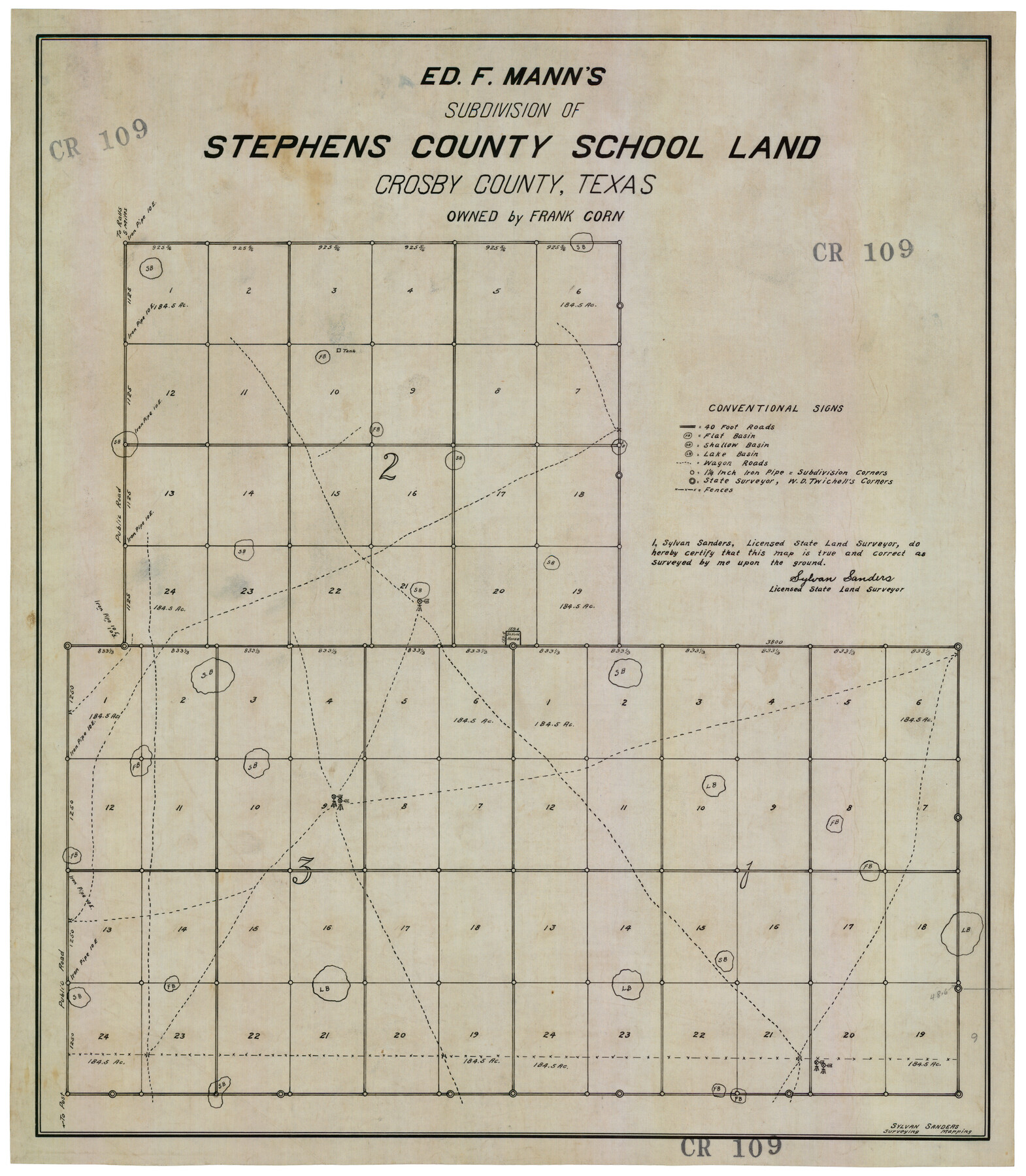 92600, Ed F. Mann's Subdivision of Stephens County School Land, Crosby County, Texas, Twichell Survey Records