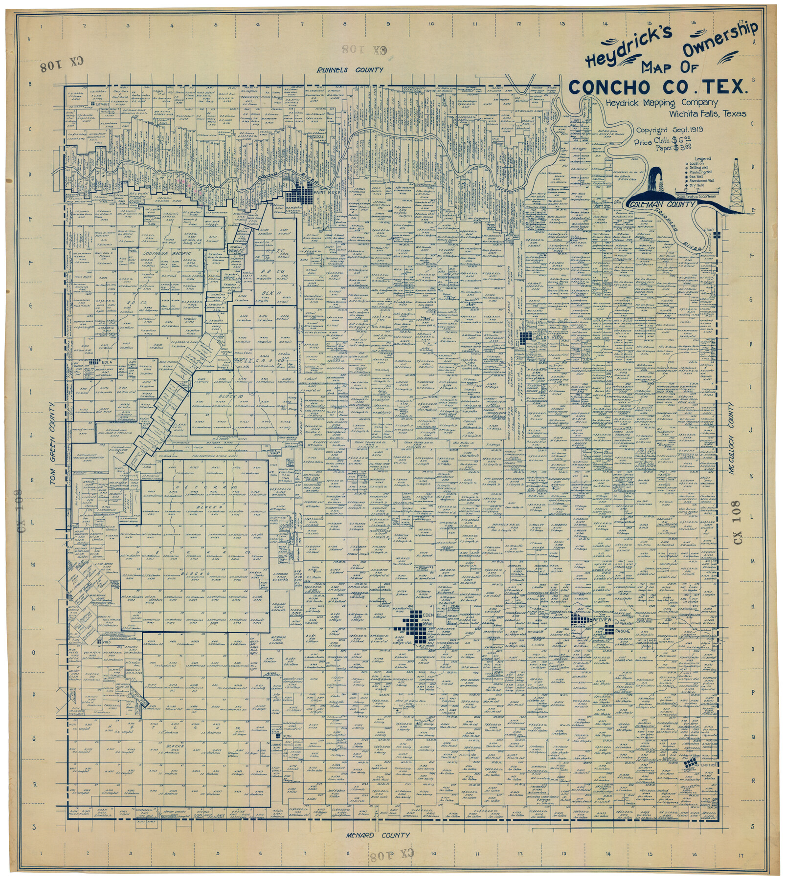 92616, Heydrick's Ownership Map of Concho Co. Tex., Twichell Survey Records