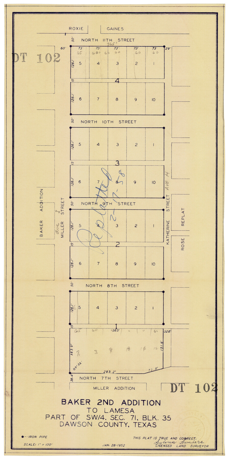 92630, Replat of Baker 2nd Addition to Lamesa, Part of Southwest Quarter, Section 71, Block 35, Dawson County, Texas, Twichell Survey Records