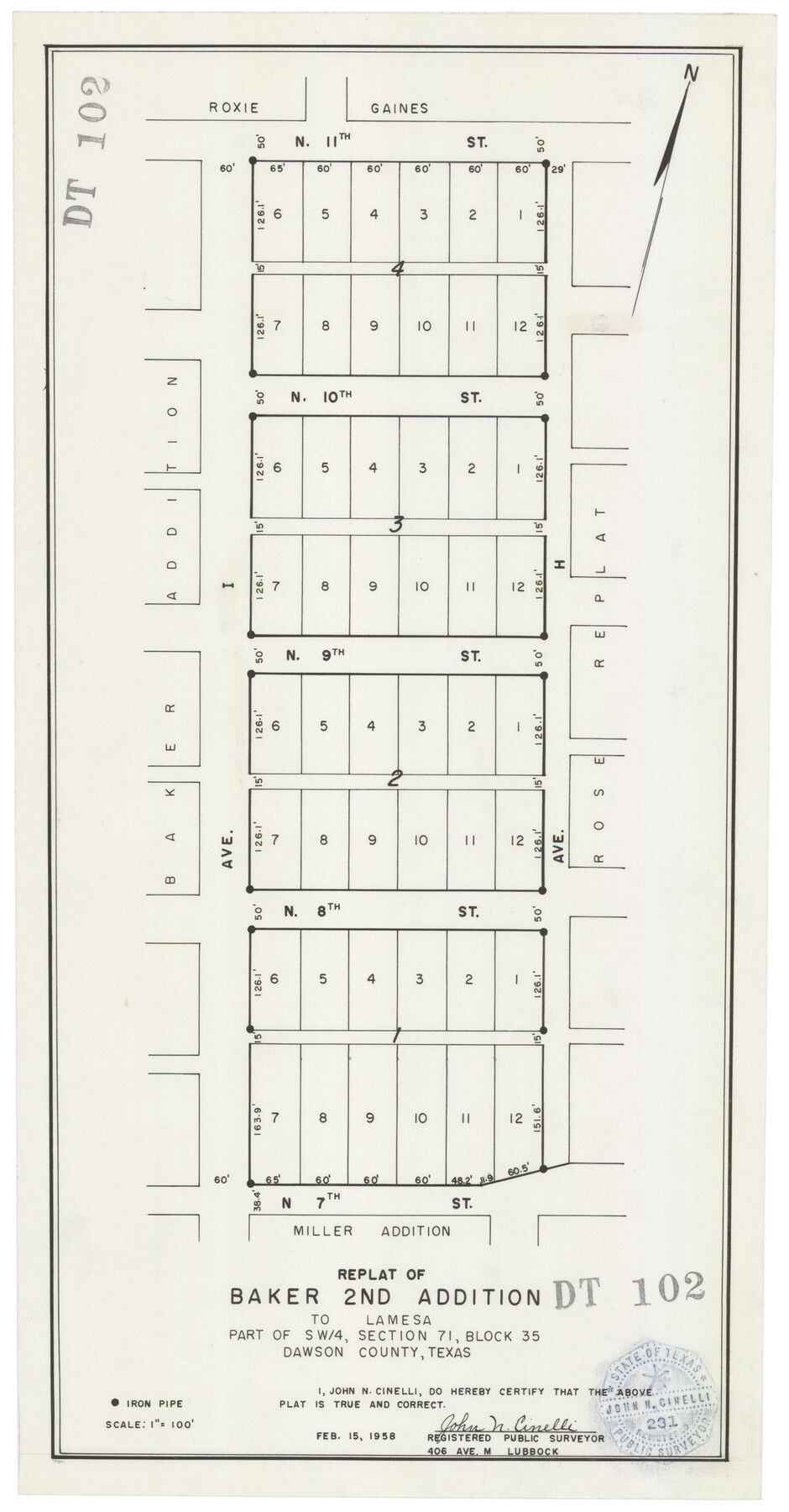 92633, Replat of Baker 2nd Addition to Lamesa, Part of Southwest Quarter, Section 71, Block 35, Dawson County, Texas, Twichell Survey Records