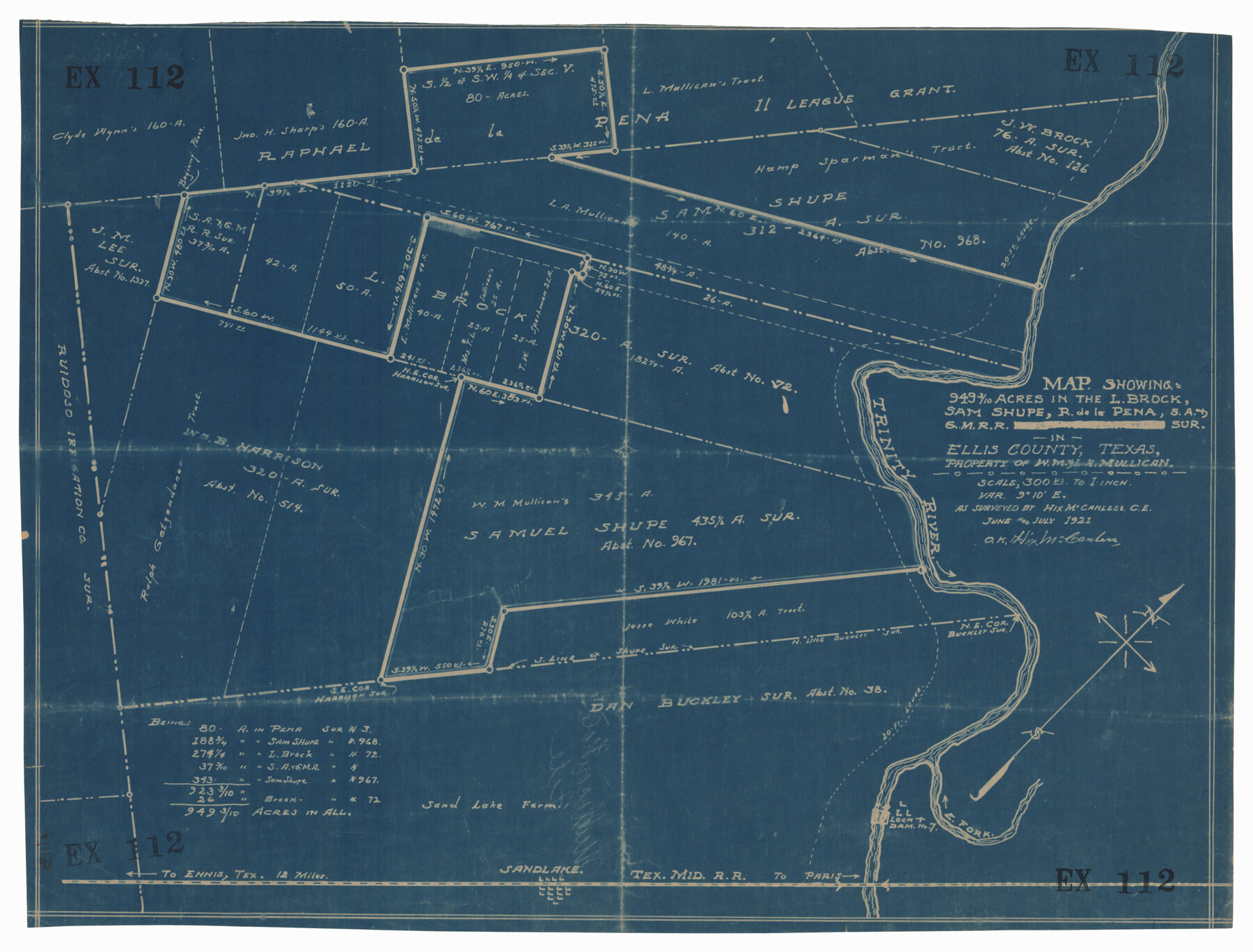 92642, Map Showing 949 3/10 Acres in the L. Brock, Sam Shupe, R. de la Pena, S. A. & G. M. RR. Surveys, Twichell Survey Records