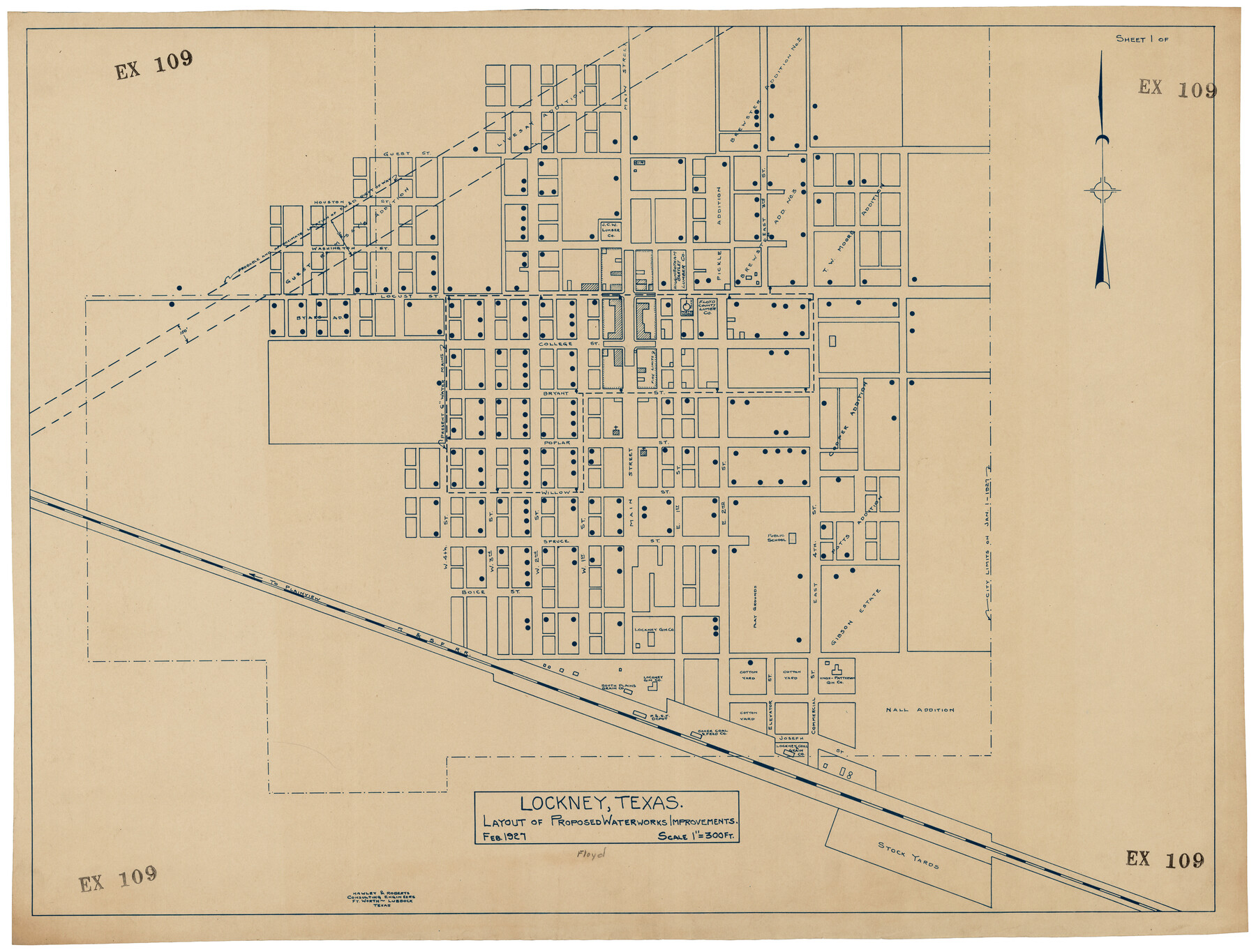 92643, Lockney, Texas. Layout of Proposed Waterworks Improvements, Twichell Survey Records