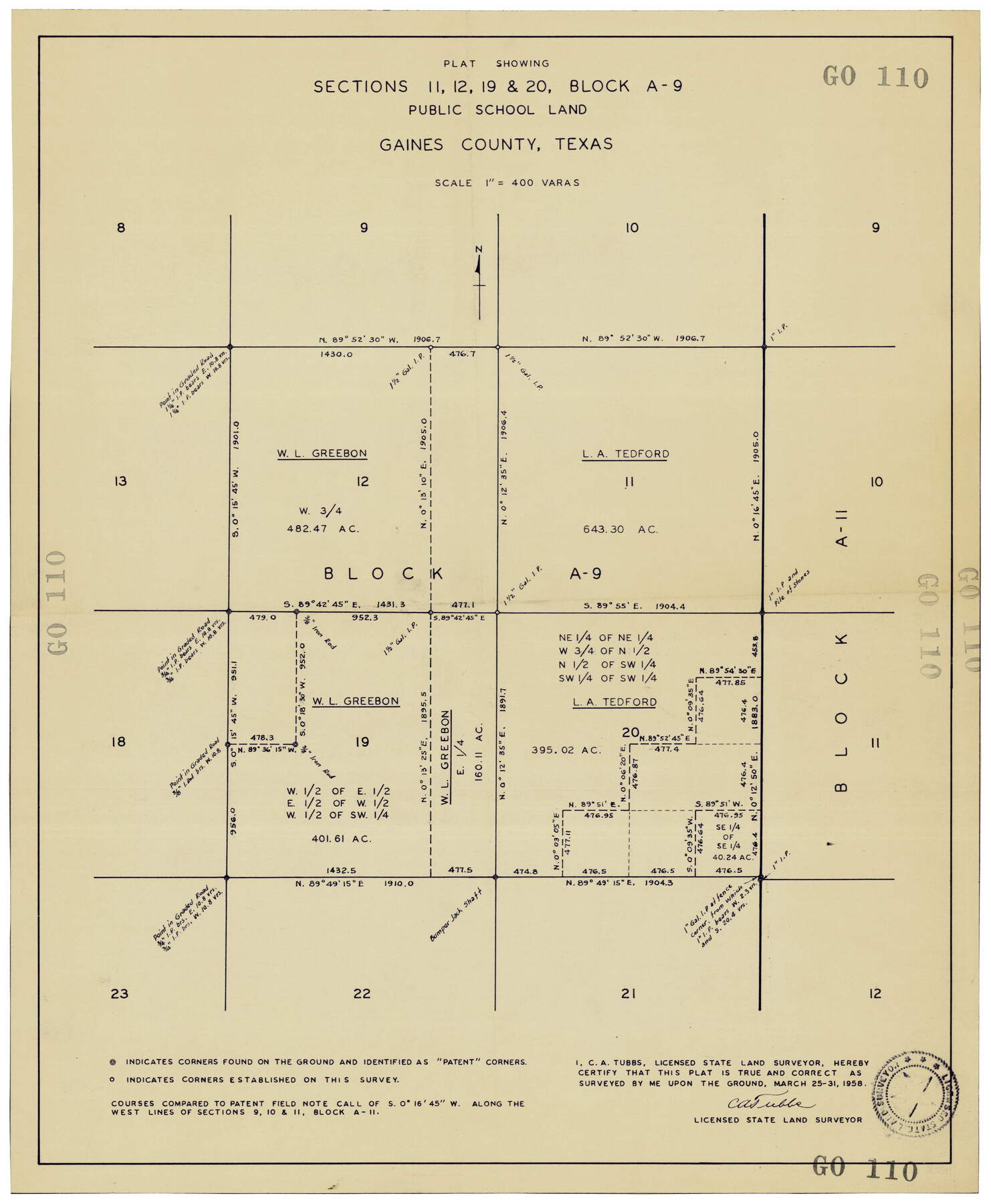 92652, Plat Showing Sections 11, 12, 19, and 20, Block A-9 Public School Land, Gaines County, Texas, Twichell Survey Records