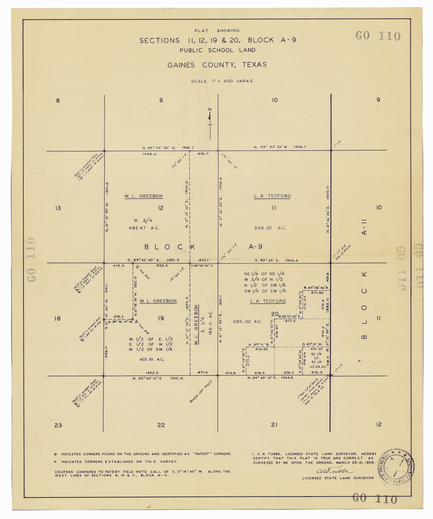 92652, Plat Showing Sections 11, 12, 19, and 20, Block A-9 Public School Land, Gaines County, Texas, Twichell Survey Records