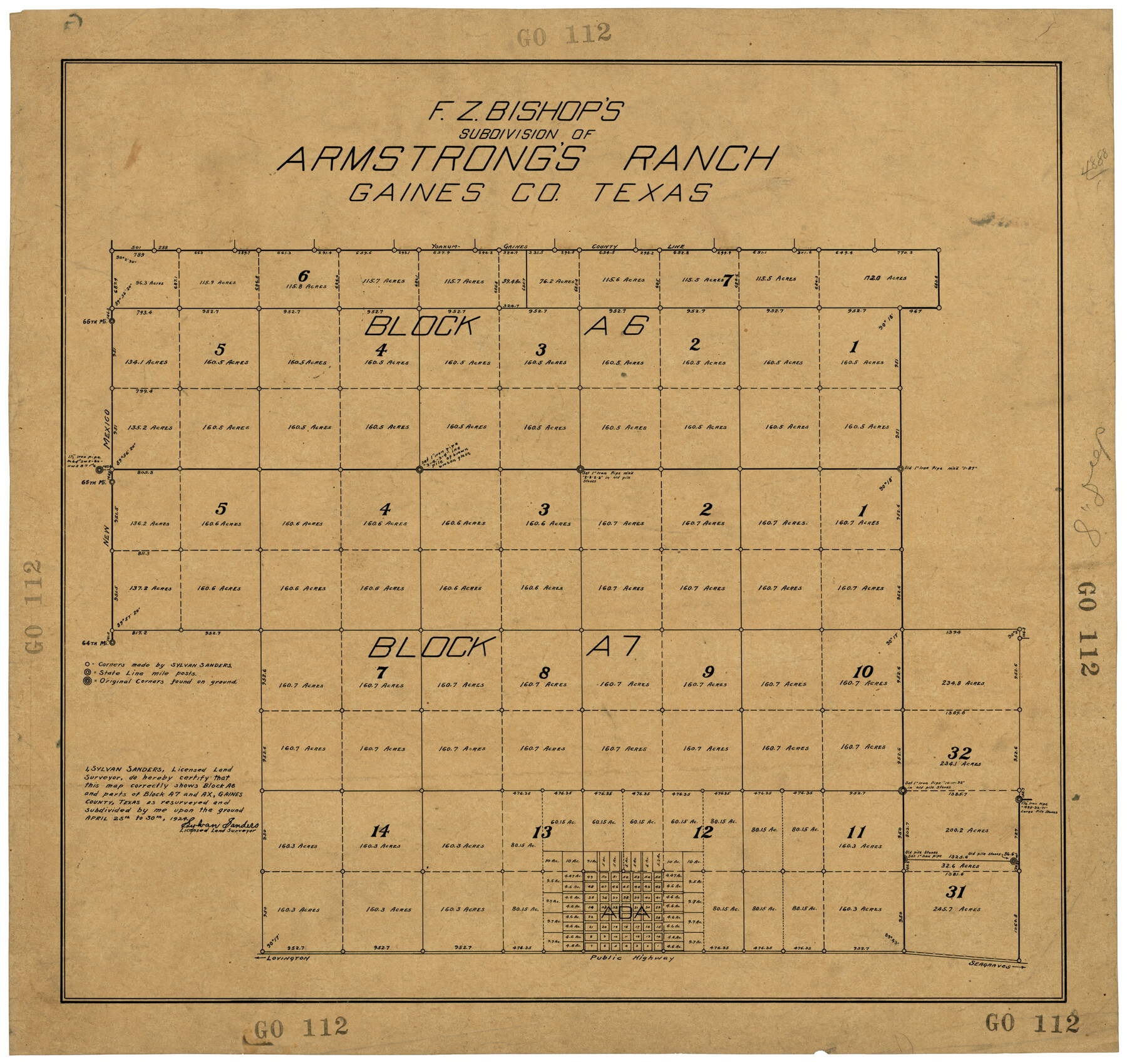 92653, F. Z. Bishop's Subdivision of Armstrong's Ranch, Gaines County, Texas, Twichell Survey Records