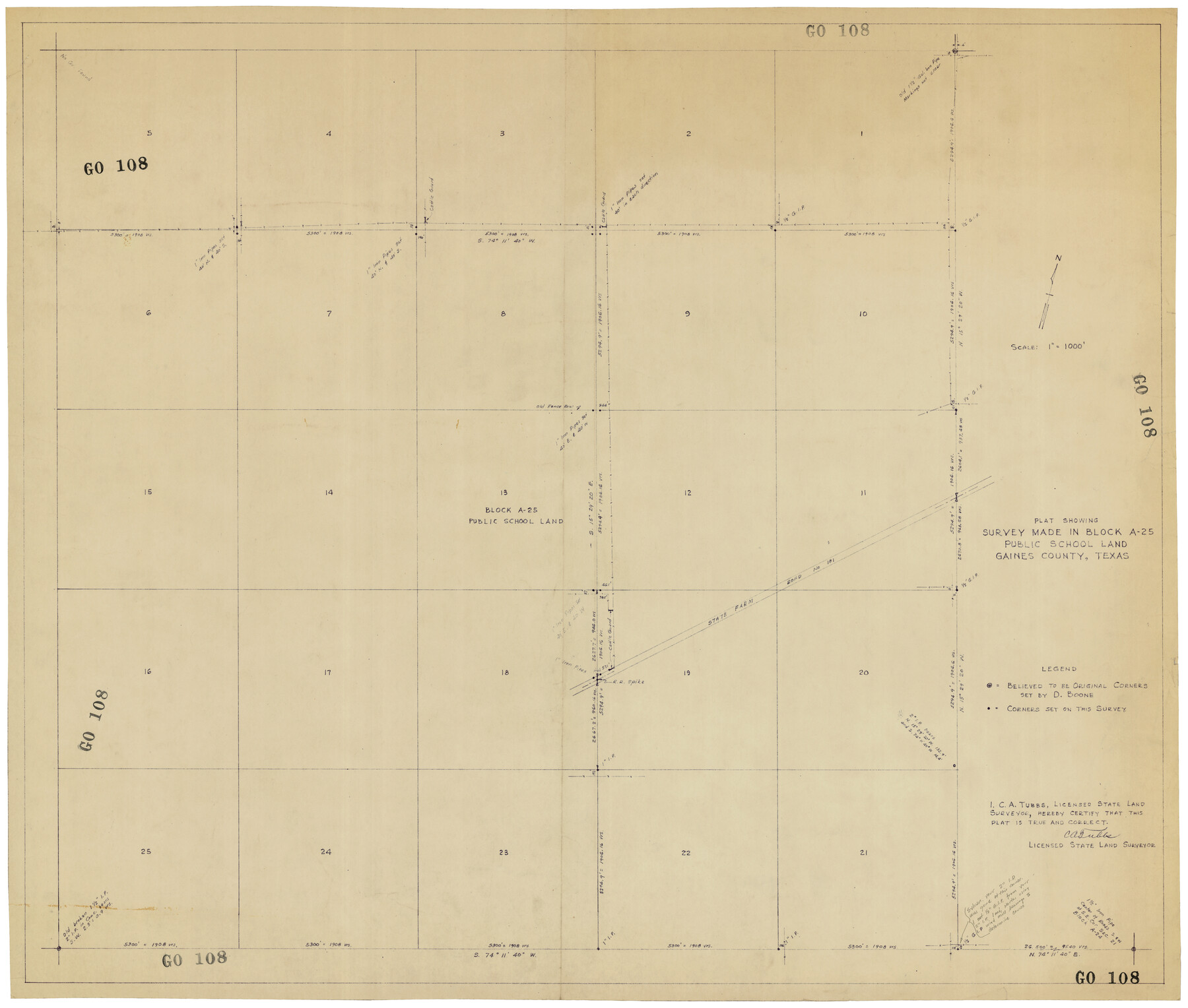 92656, Plat Showing Survey made in Block A-25 Public School Land, Gaines County, Texas, Twichell Survey Records