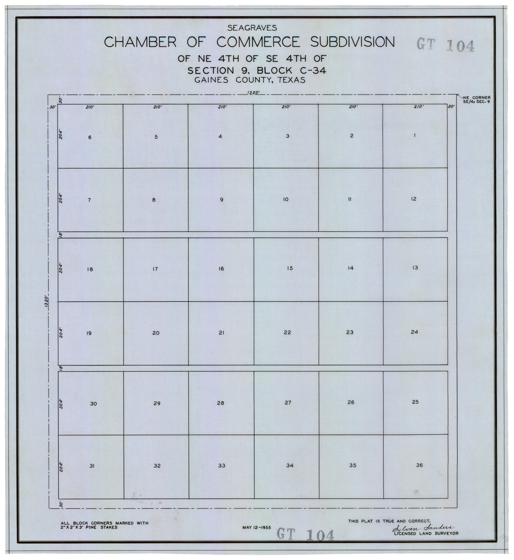 92684, Seagraves Chamber of Commerce Subdivision of Northeast Quarter of Southeast Quarter of Section 9, Block C-34, Gaines County, Texas, Twichell Survey Records