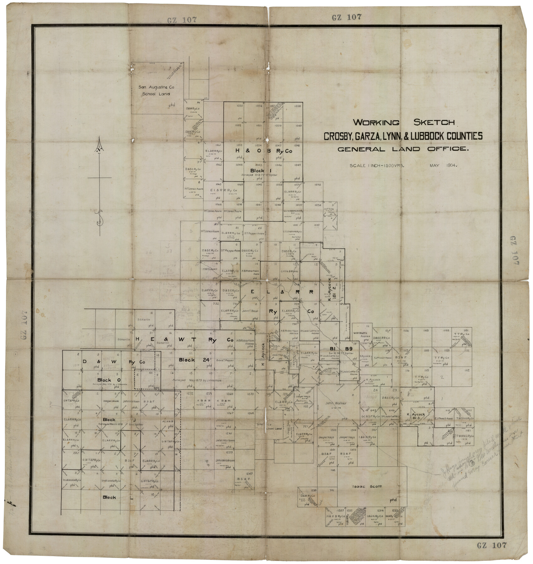 92695, Working Sketch Crosby, Garza, Lynn, and Lubbock Counties, Twichell Survey Records