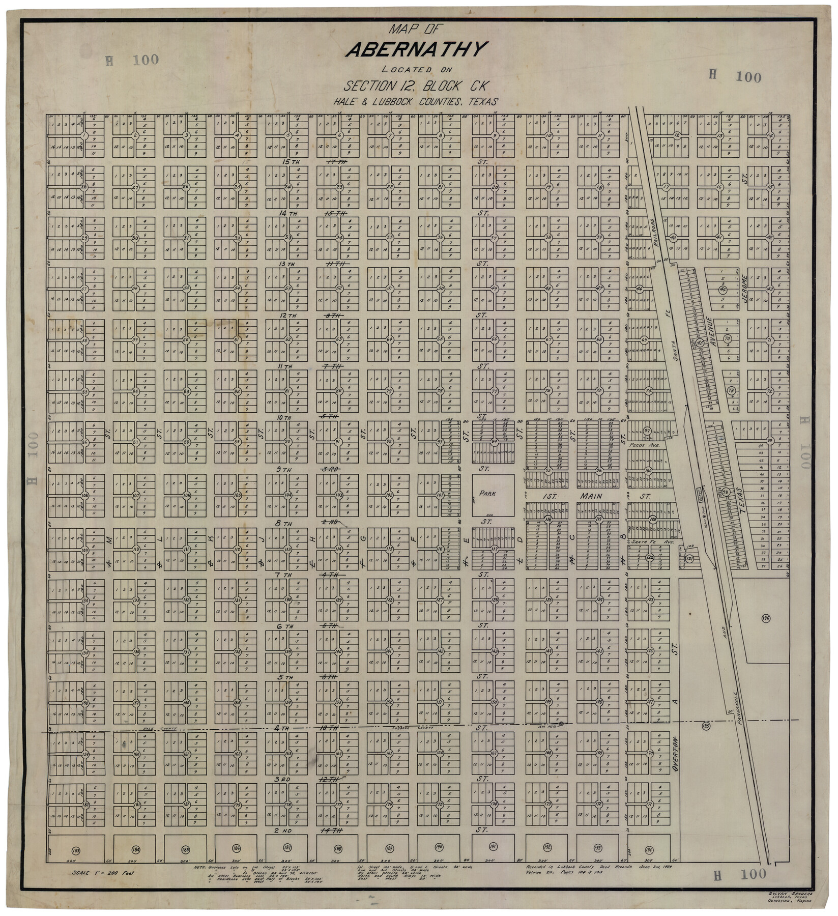 92700, Map of Abernathy Located on Section 12, Block CK, Hale and Lubbock Counties, Texas, Twichell Survey Records