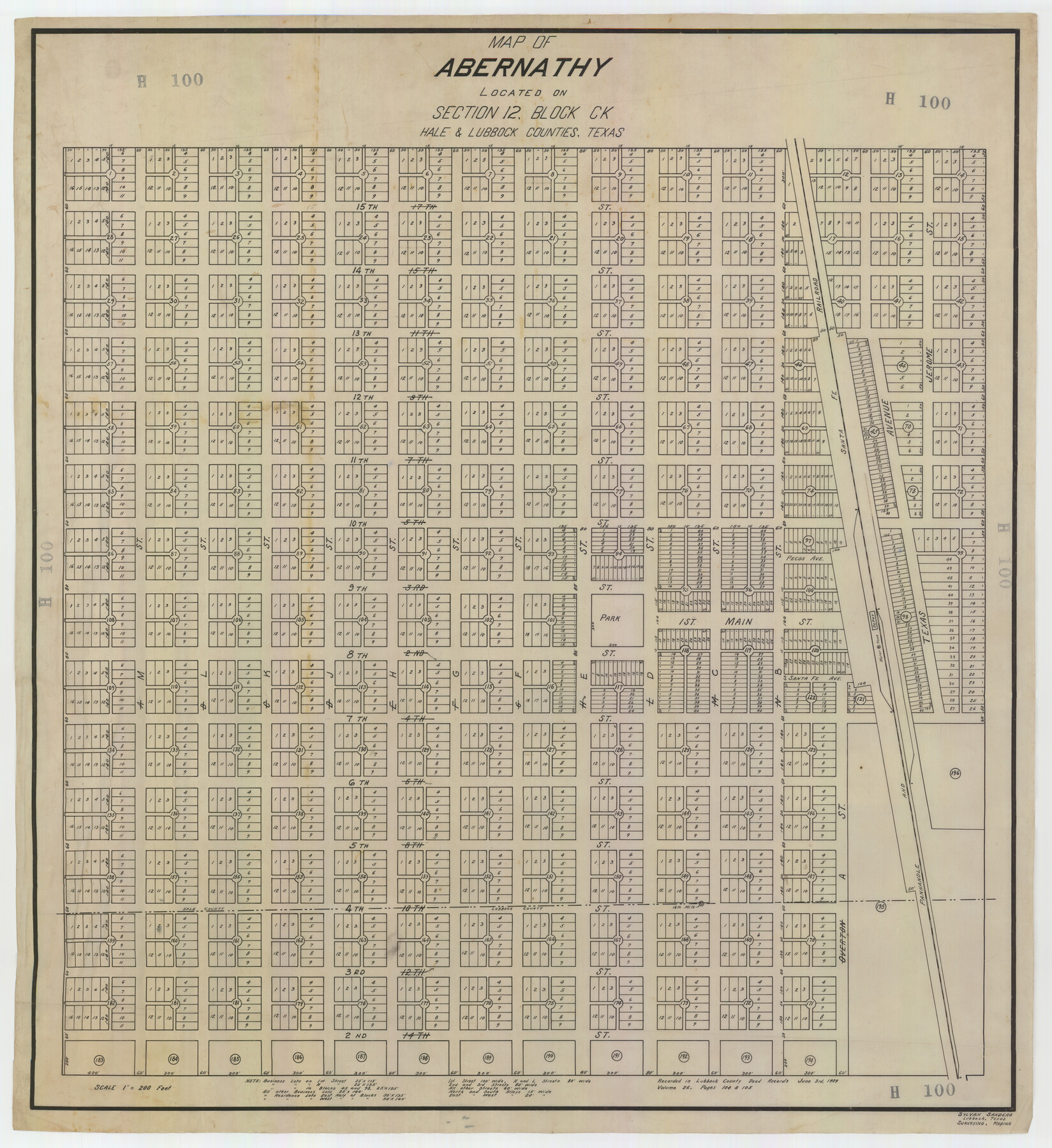 92700, Map of Abernathy Located on Section 12, Block CK, Hale and Lubbock Counties, Texas, Twichell Survey Records