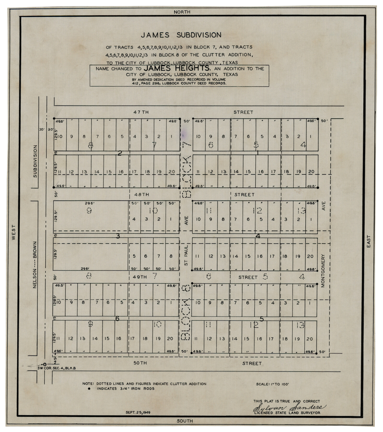 92704, James Heights, an addition to the City of Lubbock - tracts 4, 5, 6, 7, 8, 9, 10, 11, 12, 13 in Block 7, and tracts 4, 5, 6, 7, 8, 9, 10, 11, 12, 13 in Block 8 of the Clutter Addition, Twichell Survey Records