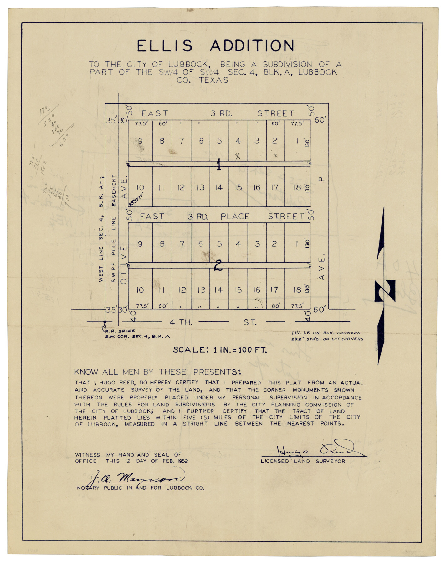 92709, Ellis Addition to the City of Lubbock, Being a Subdivision of a Part of the SW/4 of SW/4 Sec. 4, Blk. A, Twichell Survey Records