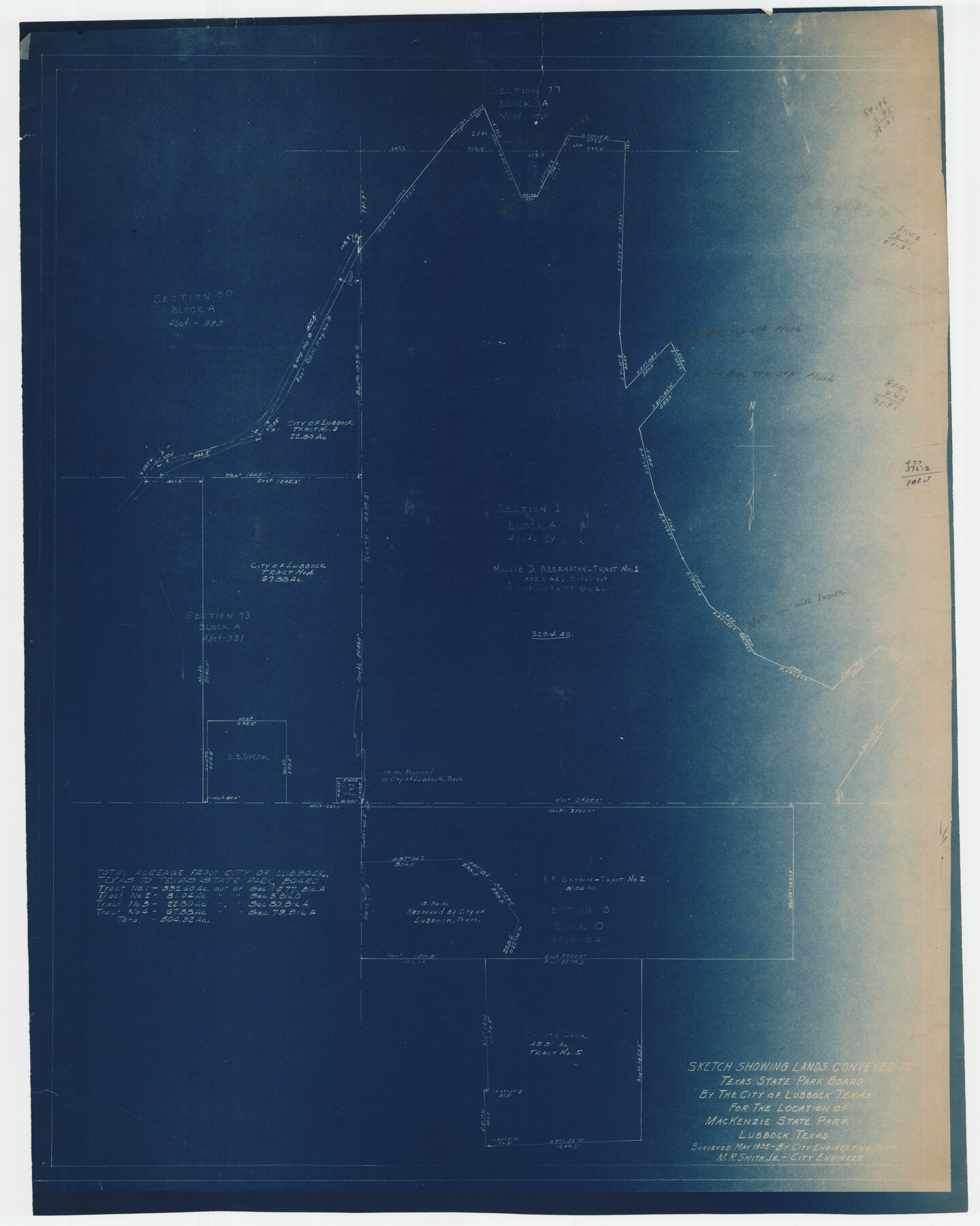 92724, Sketch Showing Lands Conveyed to Texas State Park Board by the City of Lubbock, Texas for the Location of MacKenzie State Park, Twichell Survey Records