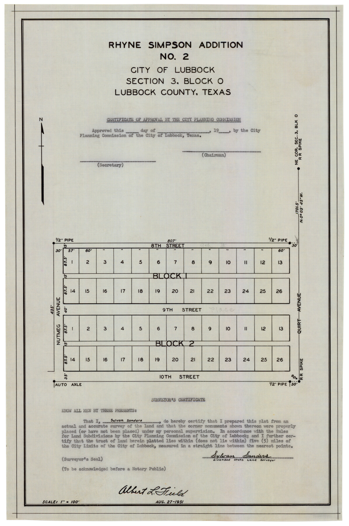 92731, Rhyne Simpson Addition No. 2, City of Lubbock Section 3, Block O, Twichell Survey Records