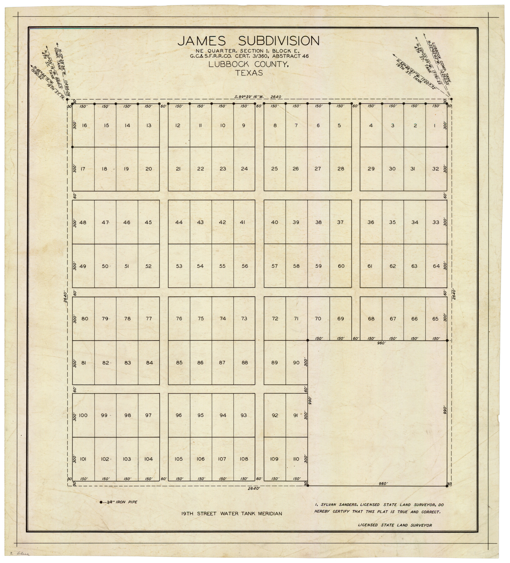 92734, James Subdivision, NE/4 Section 1, Block E, G. C. & S. F. R.R. Co. Cert 3/360, Abstract 46, Twichell Survey Records