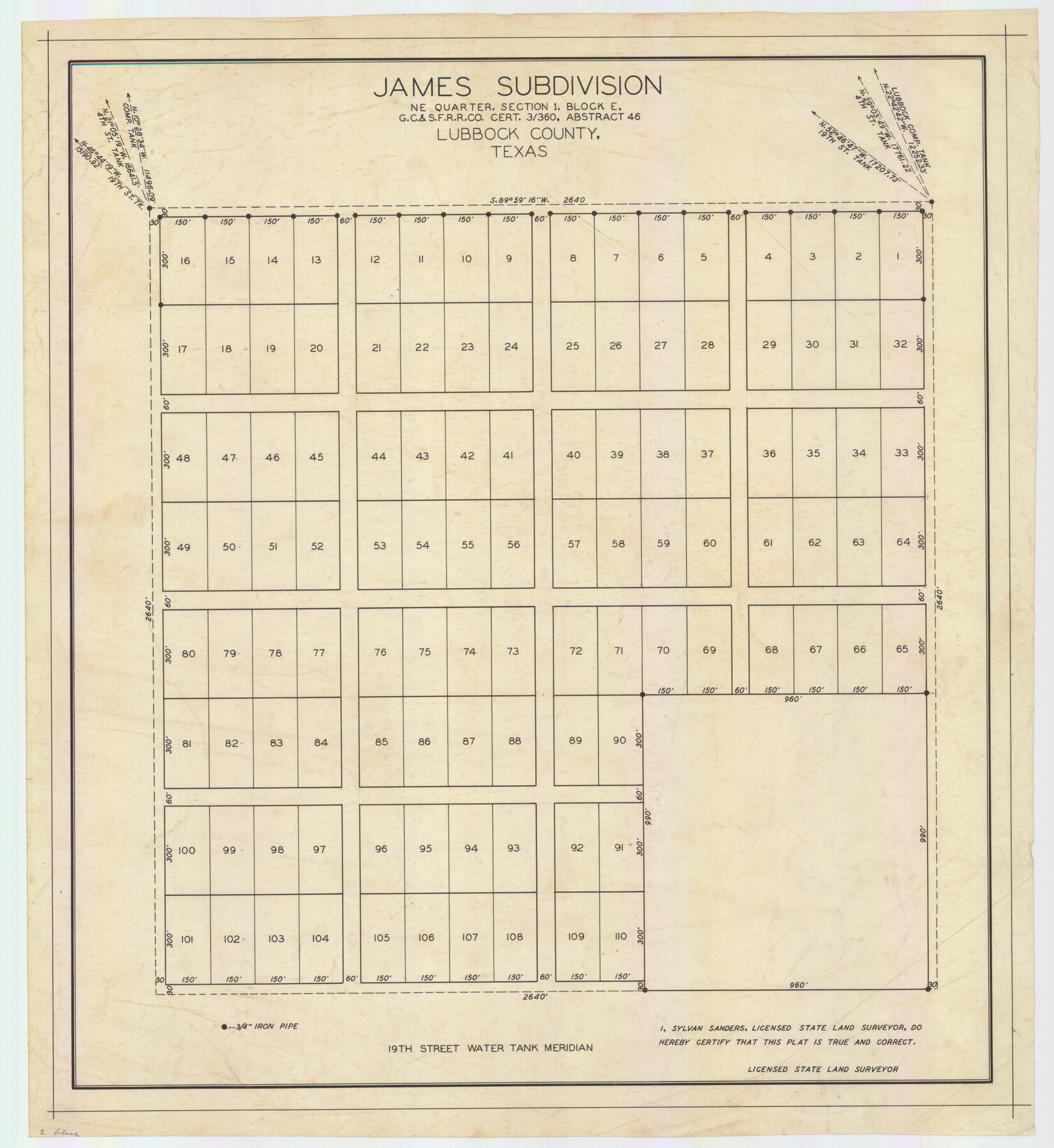 92734, James Subdivision, NE/4 Section 1, Block E, G. C. & S. F. R.R. Co. Cert 3/360, Abstract 46, Twichell Survey Records