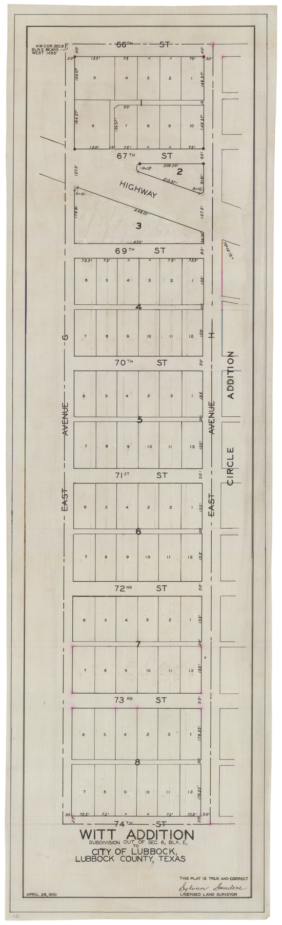 92738, Witt Addition, Subdivision out of Section 6, Block E, City of Lubbock, Twichell Survey Records