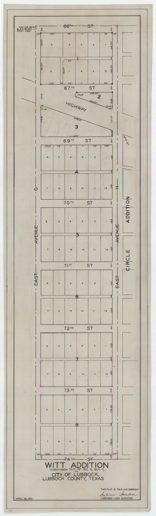 92738, Witt Addition, Subdivision out of Section 6, Block E, City of Lubbock, Twichell Survey Records