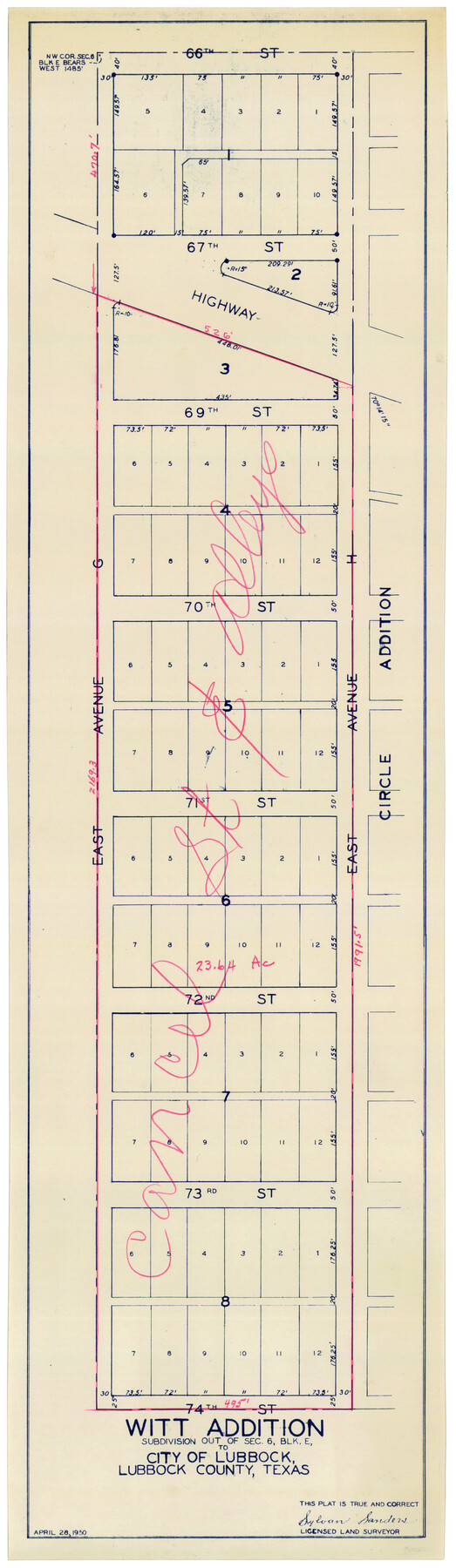 92739, Witt Addition, Subdivision out of Section 6, Block E, City of Lubbock, Twichell Survey Records