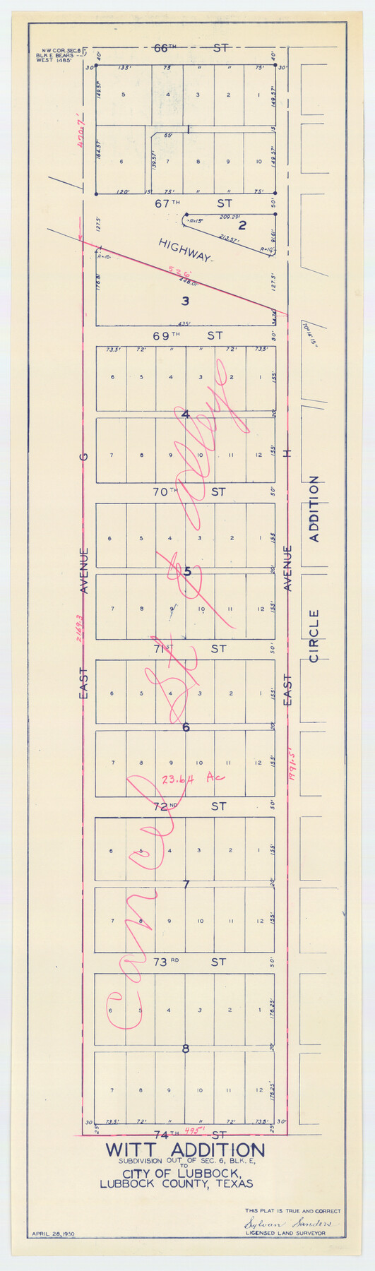 92739, Witt Addition, Subdivision out of Section 6, Block E, City of Lubbock, Twichell Survey Records