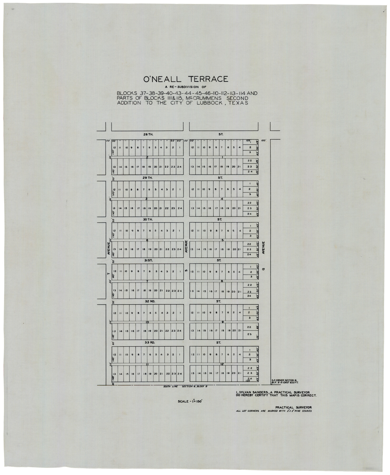 92743, O'Neall Terrace, a Re-Subdivision of Blocks 37-38-39-40-43-44-45-46-110-112-113-114 and Parts of Blocks 111 and 115, McCrummens Second Addition to the City of Lubbock, Texas, Twichell Survey Records