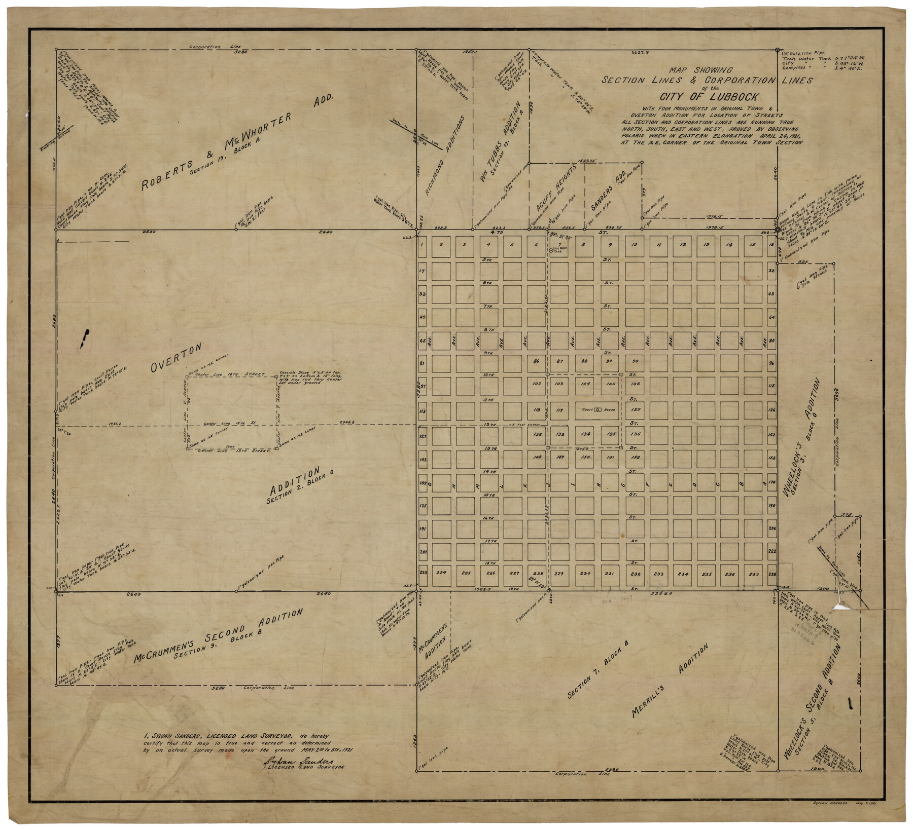 92749, Map Showing Section Lines and Corporation Lines of the City of Lubbock, Twichell Survey Records