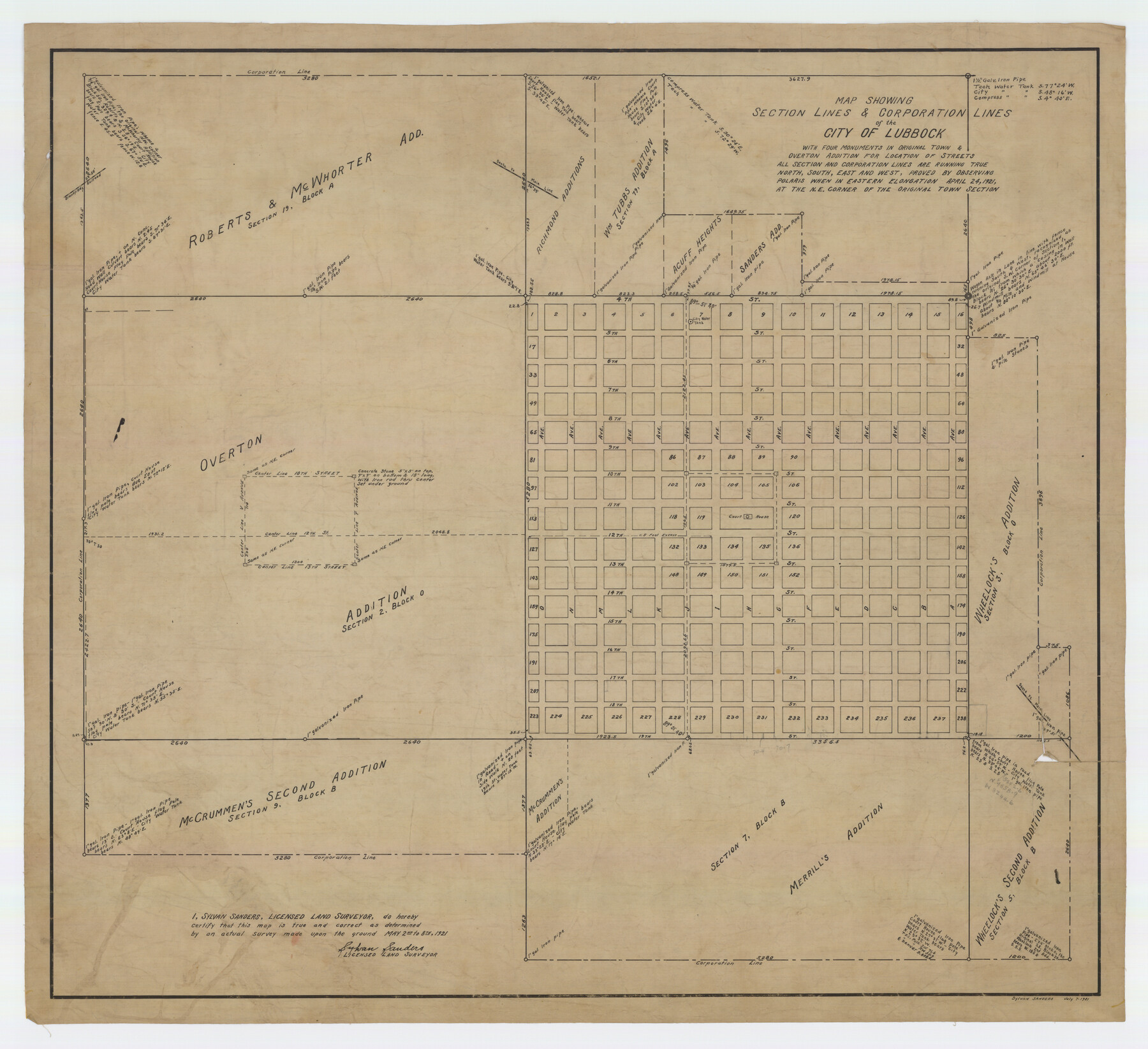 92749, Map Showing Section Lines and Corporation Lines of the City of Lubbock, Twichell Survey Records