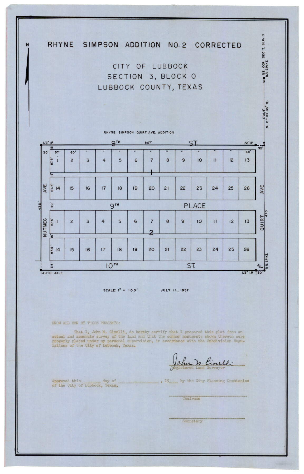 92752, Rhyne Simpson Addition No. 2, City of Lubbock Section 3, Block O, Twichell Survey Records