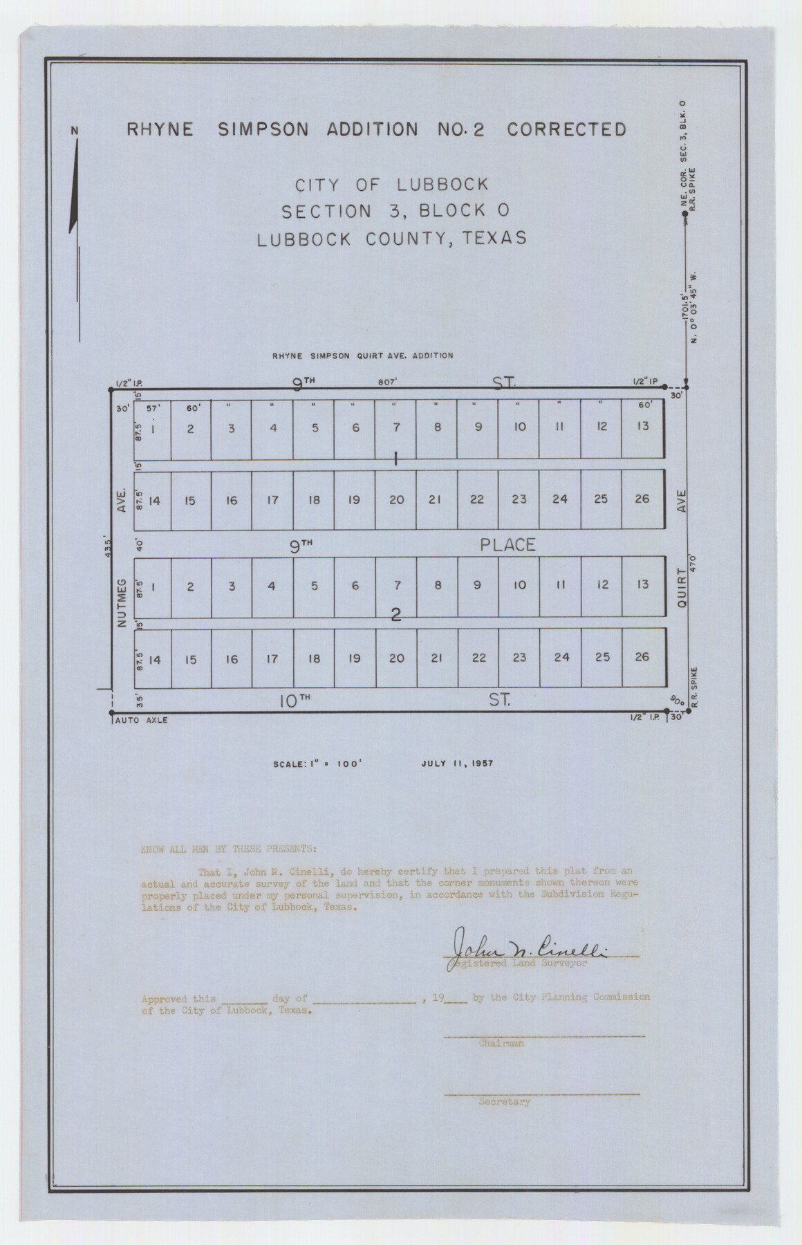 92752, Rhyne Simpson Addition No. 2, City of Lubbock Section 3, Block O, Twichell Survey Records