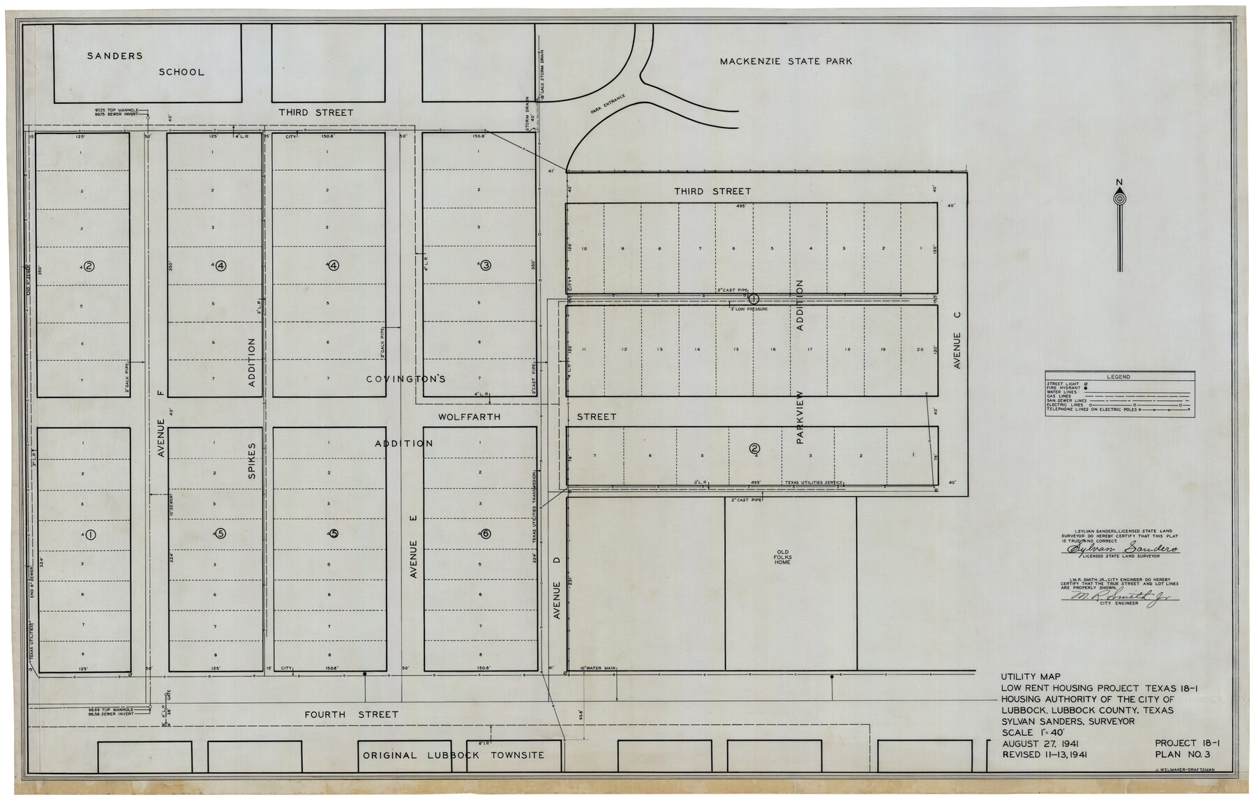 92758, Utility Map, Low Rent Housing Project Texas 18-1, Housing Authority of the City of Lubbock (Plan No. 3), Twichell Survey Records