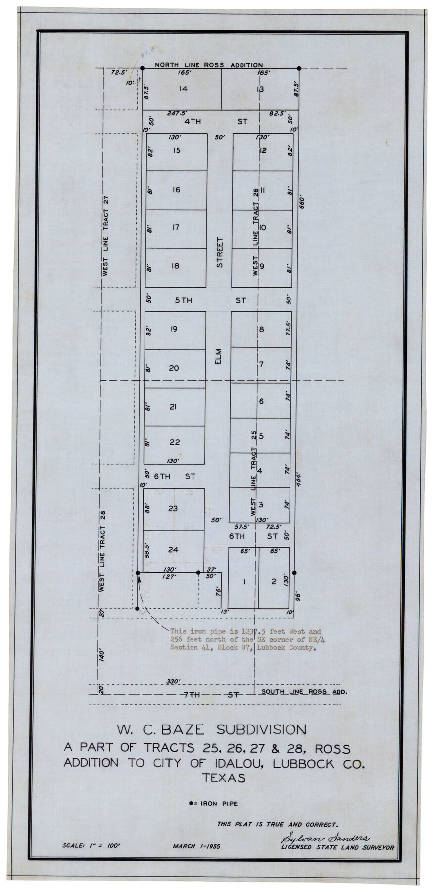 92761, W. C. Baze Subdivision a part of Tracts 25, 26, 27 and 28, Ross Addition to City of Idalou, Lubbock Co., Twichell Survey Records