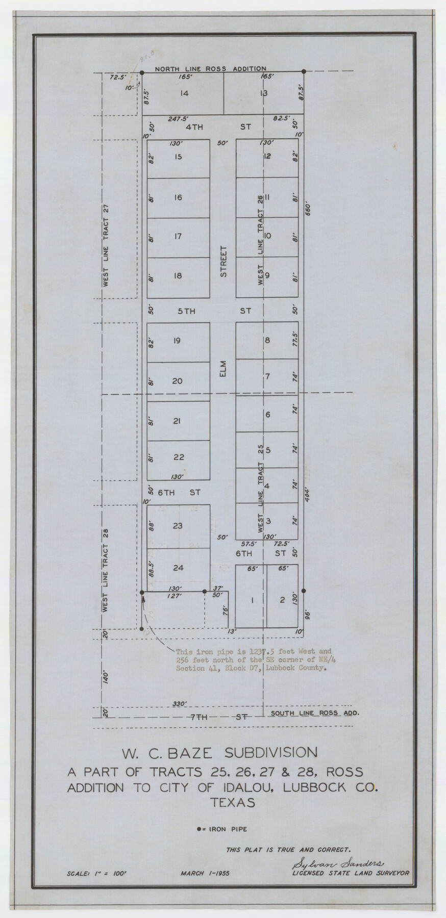 92761, W. C. Baze Subdivision a part of Tracts 25, 26, 27 and 28, Ross Addition to City of Idalou, Lubbock Co., Twichell Survey Records