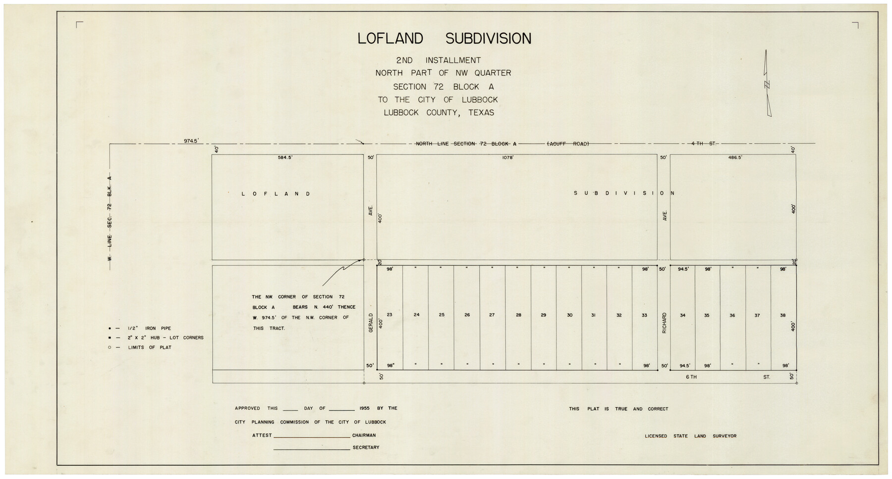 92763, Lofland Subdivision, 2nd Installment, North Part of NW Quarter Section 72, Block A, Twichell Survey Records