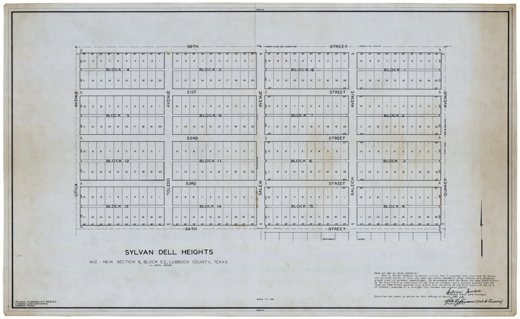 92774, Sylvan Dell Heights, North Half of Northeast Quarter of Section 9, Block E2 (J. C. Davis, Owner), Twichell Survey Records