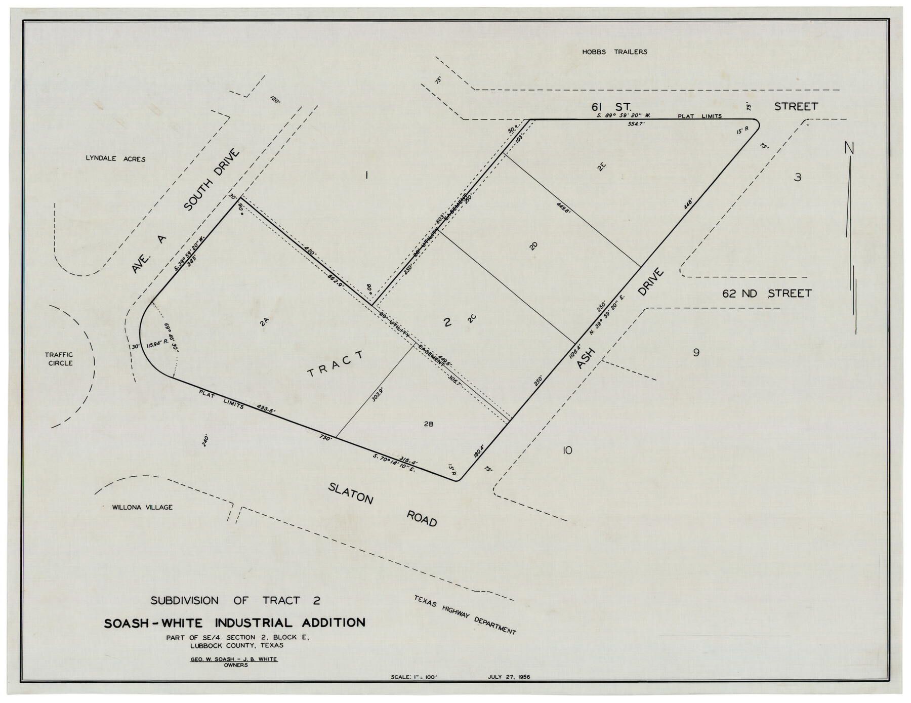 92775, Subdivision of Tract 2, Soash-White Industrial Addition, Part of Southeast Quarter, Section 2, Block E (Geo. W. Soash - J. B. White, Owners), Twichell Survey Records