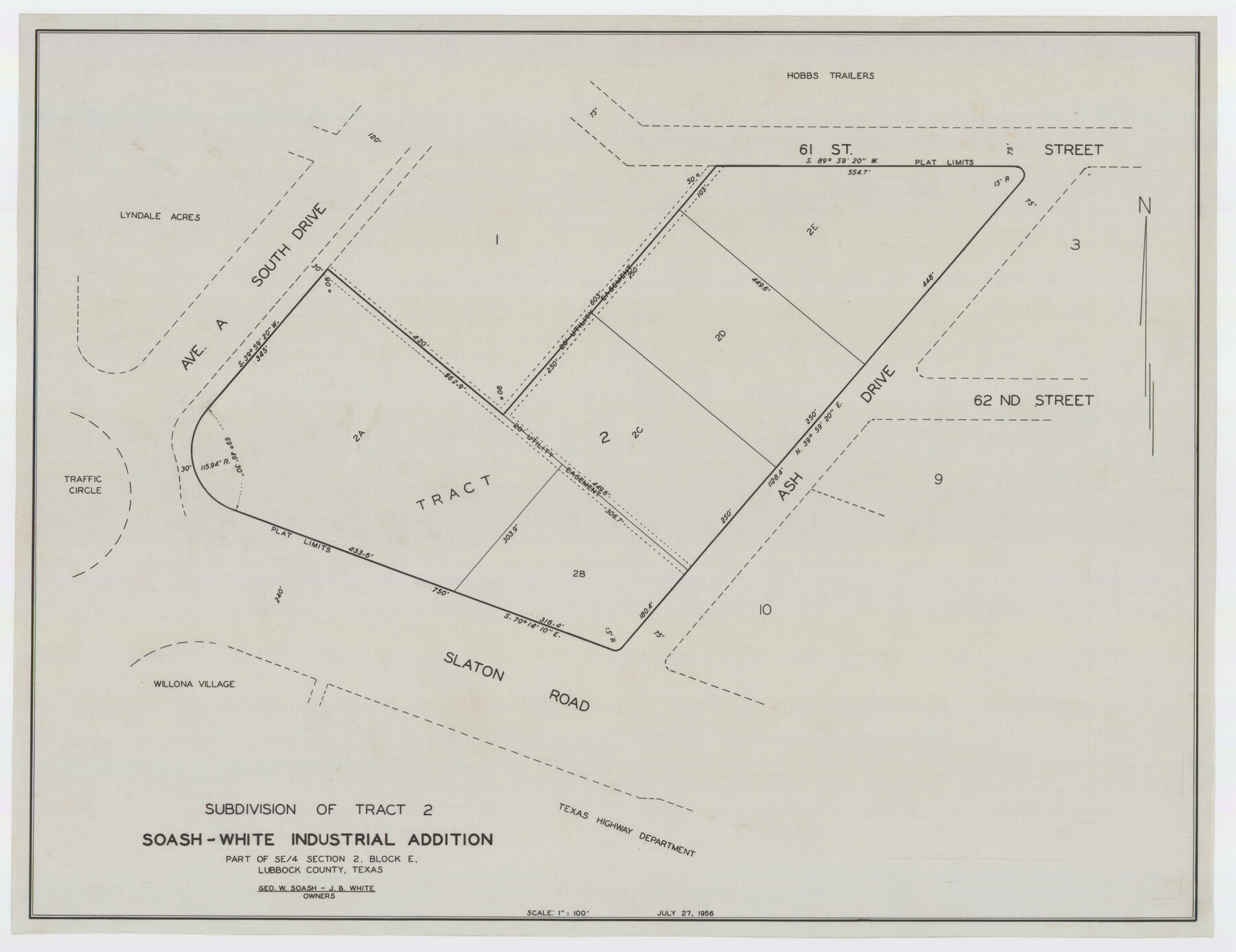 92775, Subdivision of Tract 2, Soash-White Industrial Addition, Part of Southeast Quarter, Section 2, Block E (Geo. W. Soash - J. B. White, Owners), Twichell Survey Records