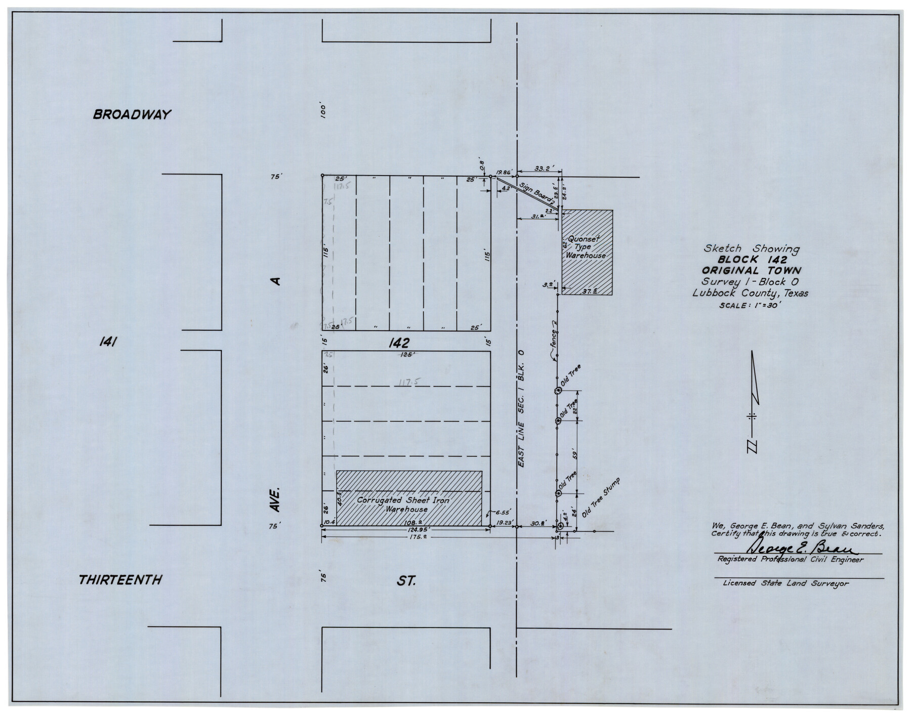 92782, Sketch Showing Block 142, Original Town, Survey 1, Block O, Twichell Survey Records